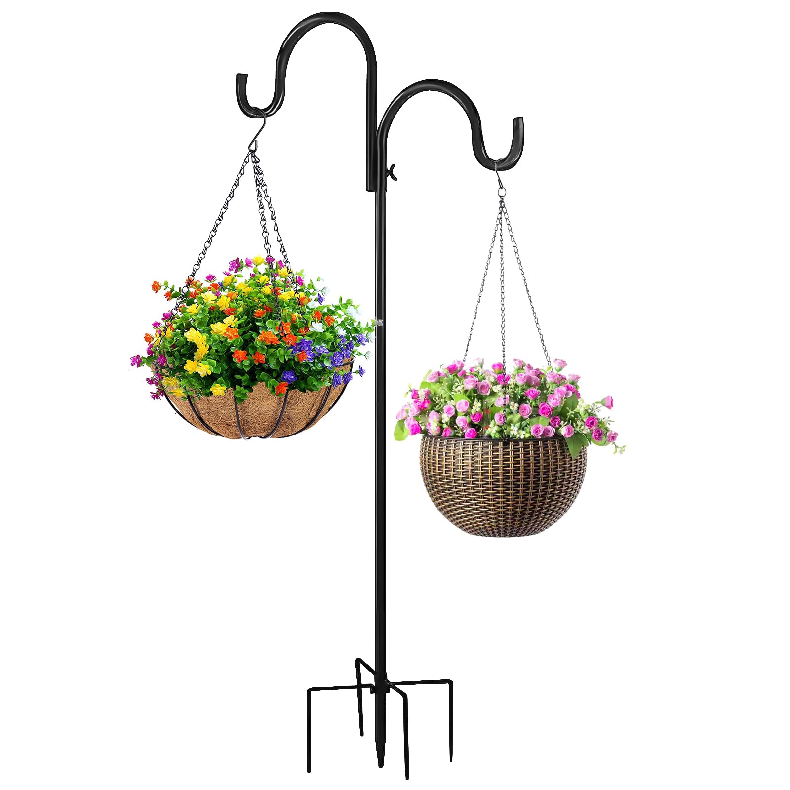 Schäferhaken für Vogelhäuschen 193cm, Dicke Metall Gartenstab mit Haken, Outdoor Abnehmbarer Hirtenstab für mit 5-Zinken-Basis, für Laternen, Pflanzen, Aufhänger, Vögel, Gartenhängepfahl Futterspender