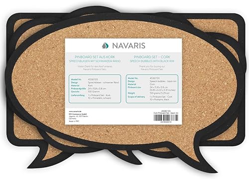 Miniatura 7 de Navaris Juego de tableros de anuncios de corcho, 3 tablones de corcho en bonitas formas decorativas de burbujas de habla y pensamiento con alfileres