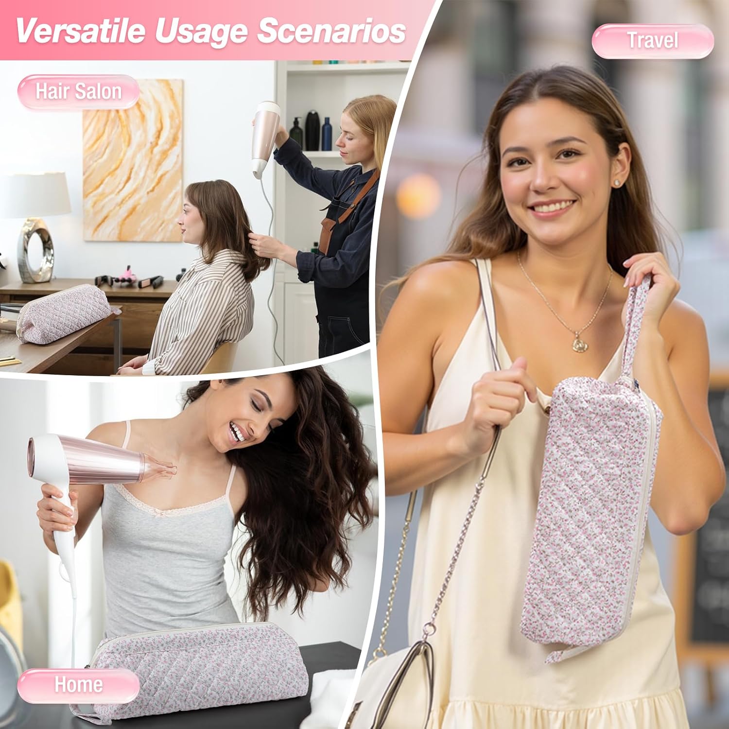 Quilted Hair Tool Travel Bag, Shark Flex Style Travel Case For Dyson Hair Dryer Airwrap Bag, Curling Iron Bags Quilted For Shark Dyson Revlon Organizer Accessories - Pink Floral - Image 7