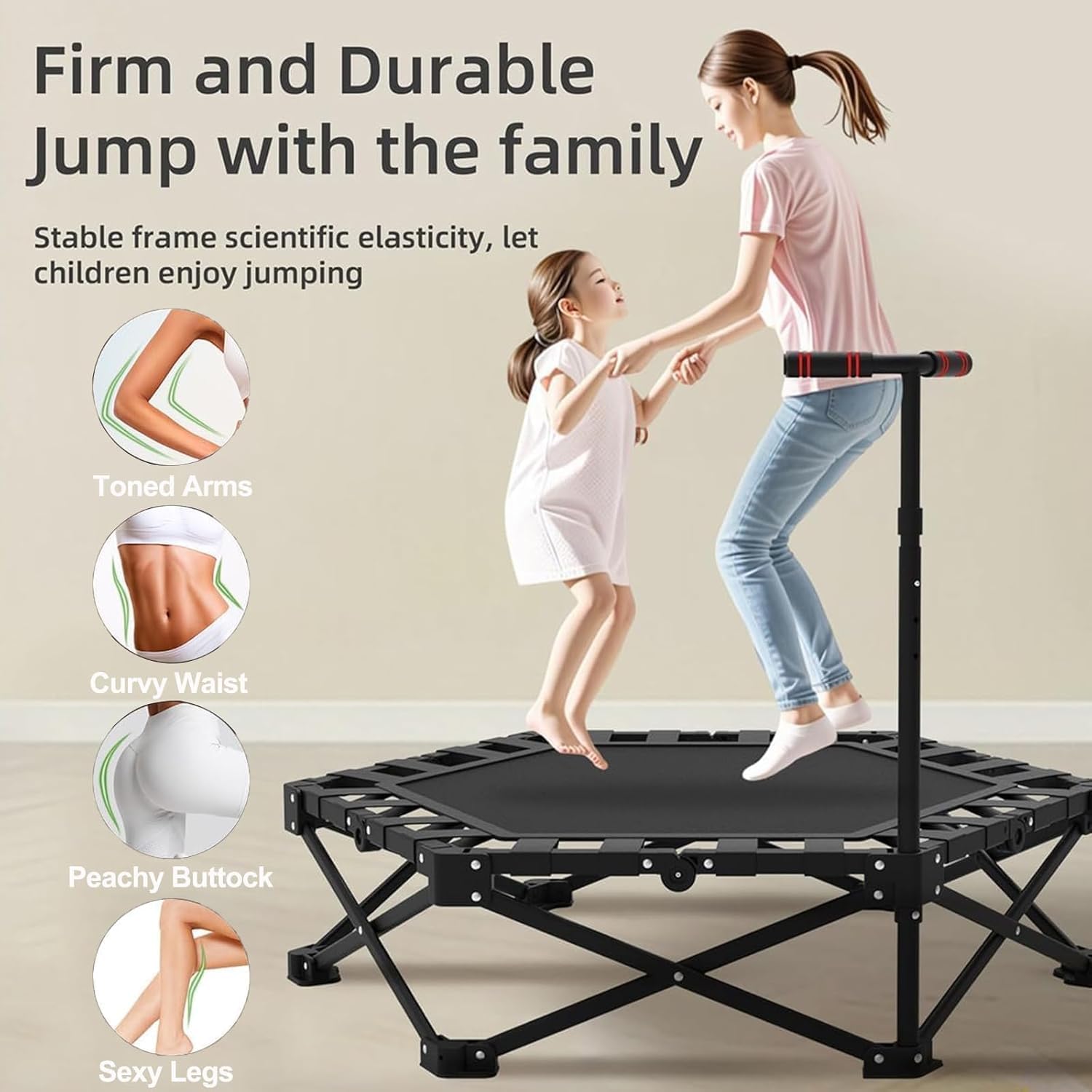 Fitness Trampolin in Studioqualität,Ø106cm Mini Indoor Trampolin für Cross Jumping bis 200kg belastbar,höhenverstellbarer Handgriff,Stabil & leise