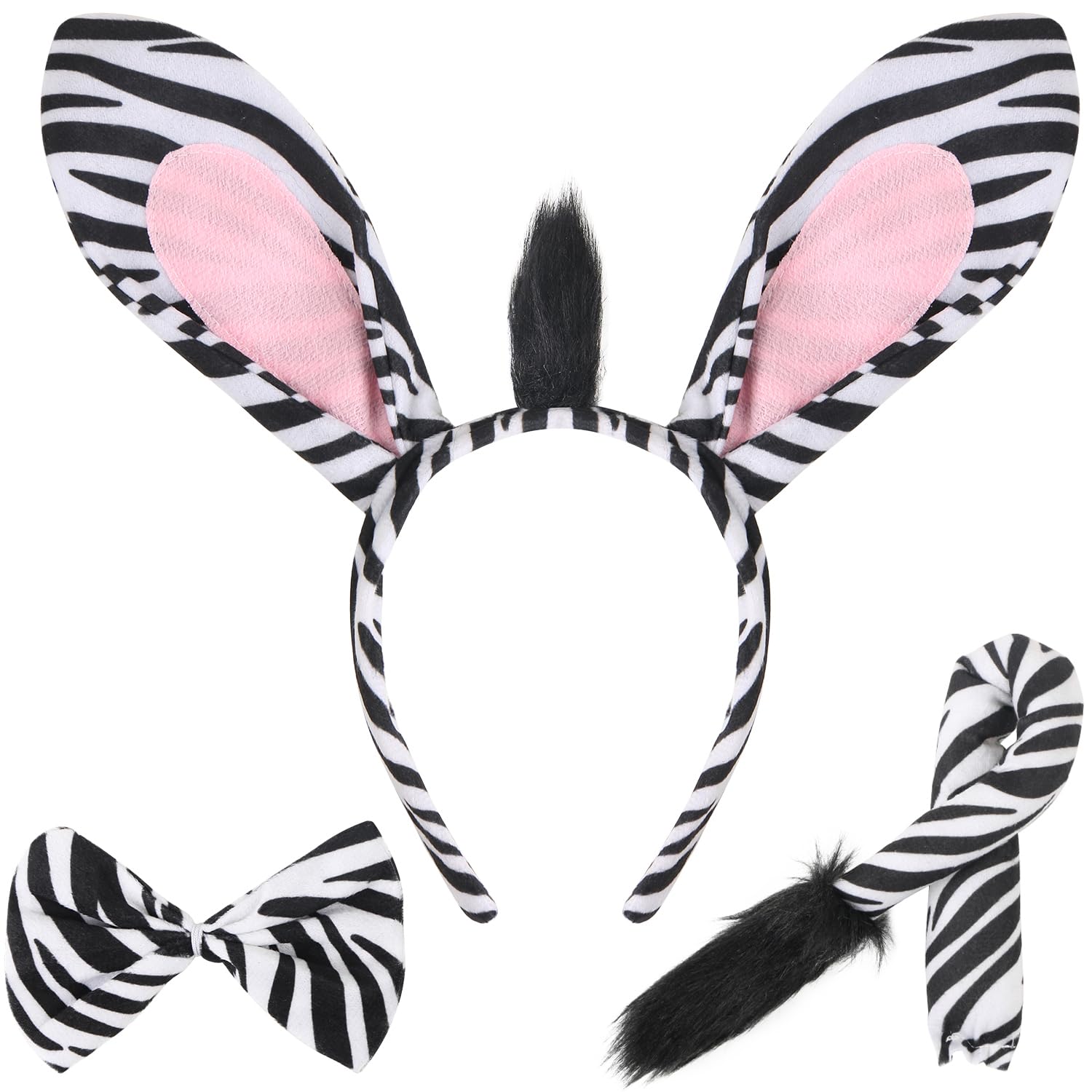 EVERMARKET 3 Pcs Zebra Costume Set, Zebra Ears Headband Zebra Tail and Bow Tie, Wild Animal Zebra Costume Accessories for Halloween Christmas Birthday Party Cosplay Masquerades