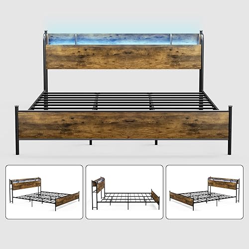 Miniatura 13 de IKIFLY Base de cama tamaño King con cabecera de estante de almacenamiento y estación de carga, cama de plataforma industrial de metal King con luces