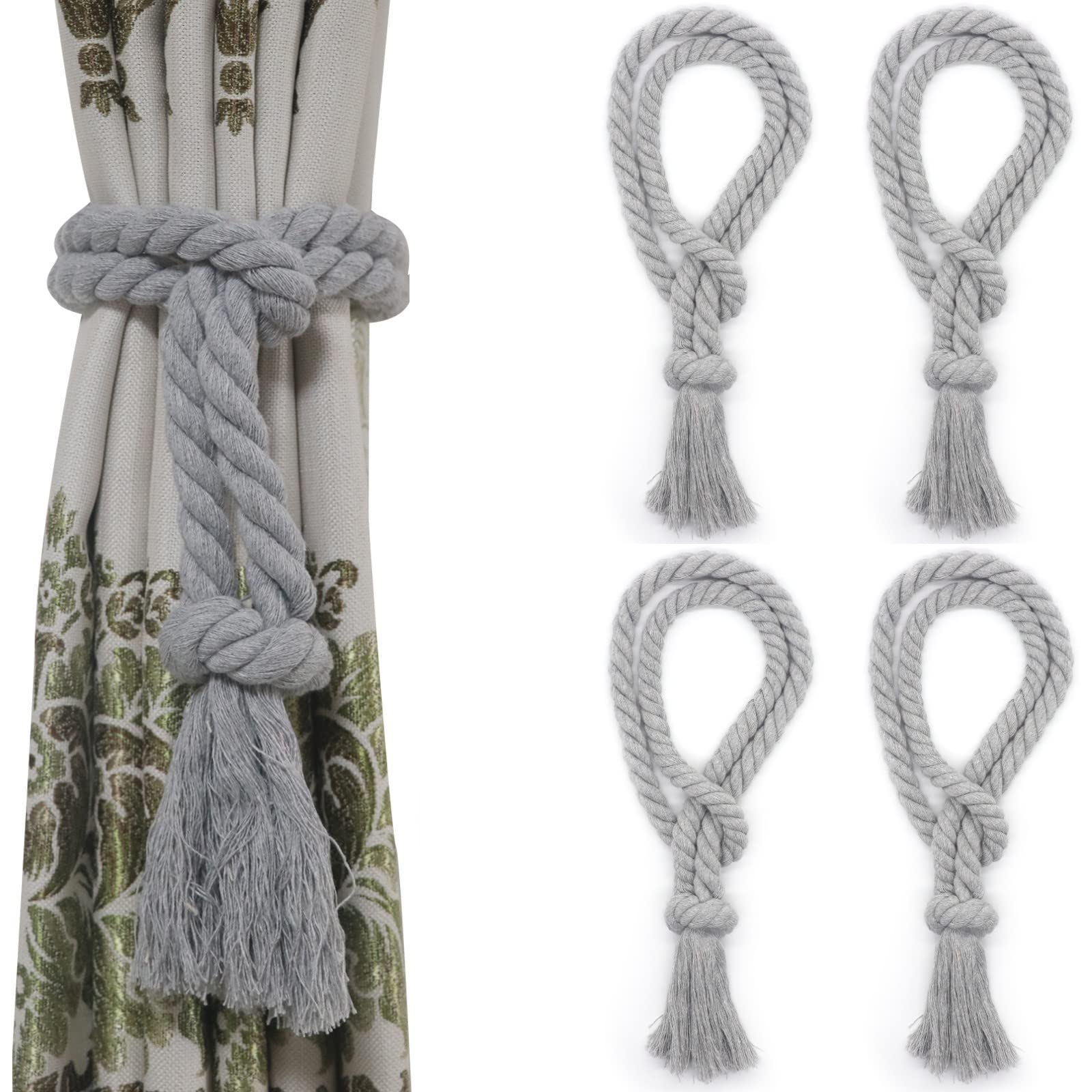 Yteseery 4 Pack Grey Outdoor Curtain tiebacks, Natural Cotton Rope Tieback Decorative Holdbacks Farmhouse Rural Village Style Tassel Drapery Ties