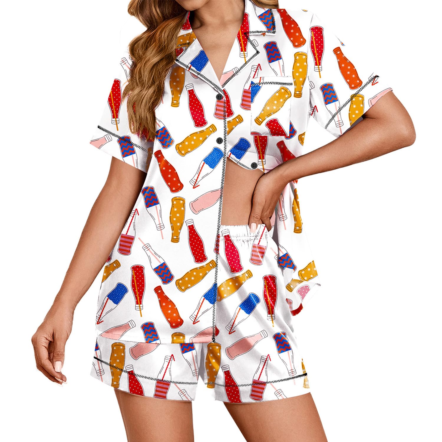 Ekouaer Womens Satin Silk 2 Piece Pajamas Set Short Sleeve Sleepwear