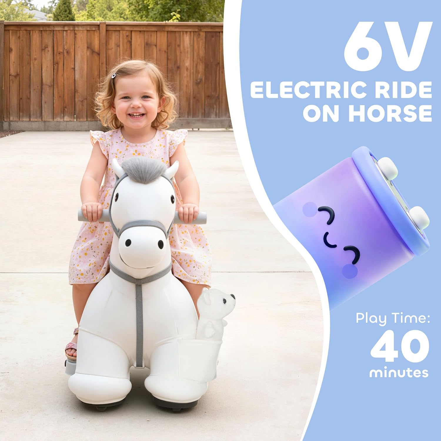 Qaba 6V Kids Ride on Horse, Battery Powered Ride on Toy, Electric Riding Pony with Bear Toy, Music, Soft Touch, PU Wheels, Foot Pedal, Forward, for Girls Boys Aged 1.5-5 Years, White