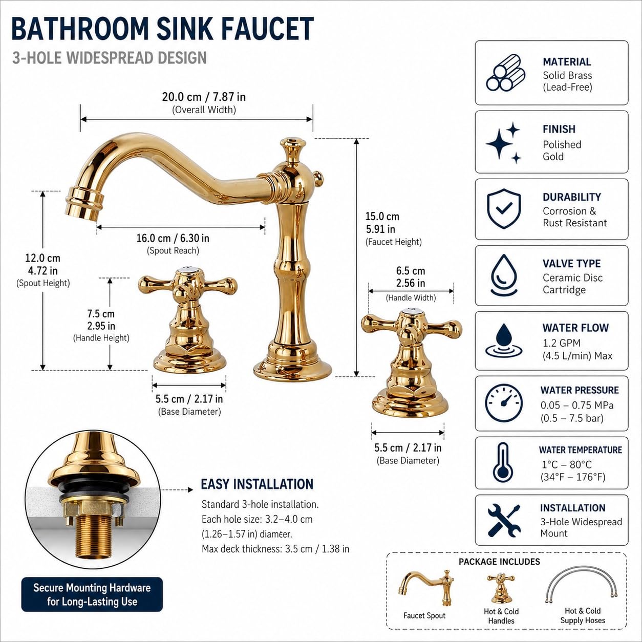 Grifo Mezclador para Lavabo de baño de 3 Orificios con Doble Han Les Control de Agua Caliente y fría Grifo de Lavabo Elegante urable y fácil de Instalar (Color: Cromo)