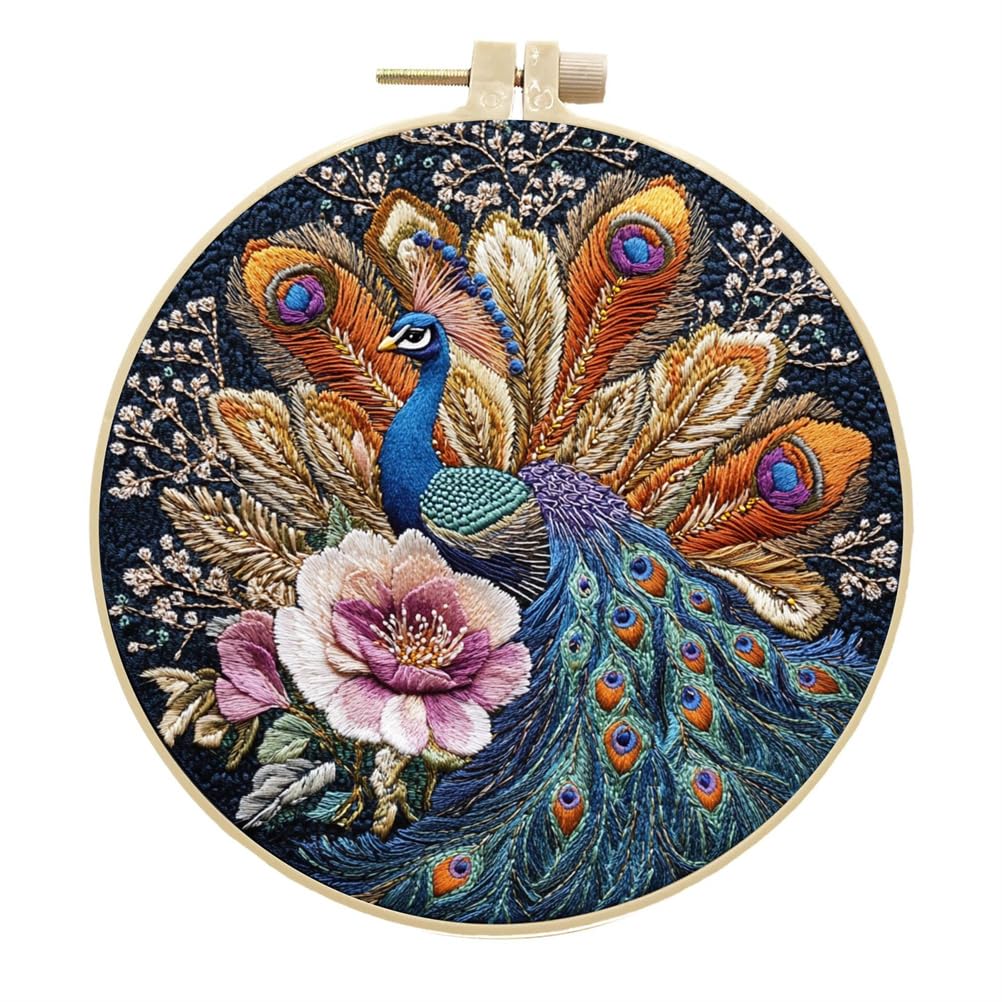 Meecaa Embroidery Kit Starter Set, Peacock Animal Flower Hand Embroidery Set, Pattern Printed Cross Stitch Set for Beginner Adults, with Embroidery Hoop and Instructions (Peacock)