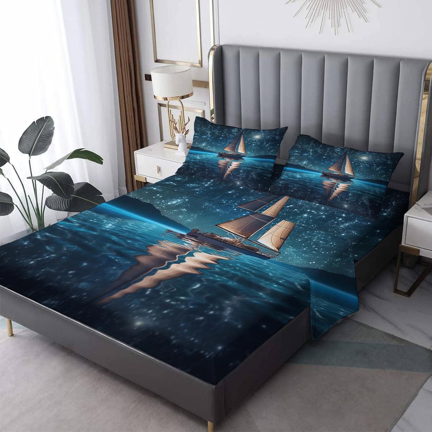 Generic Full Size Sheets Set - Sailboat Bed Sheets & Bedroom Decor, Navy Blue Nautical Sheet Set - Soft Breathable Microfiber Deep Pocket Patterned Bedding Sheets & Pillowcases