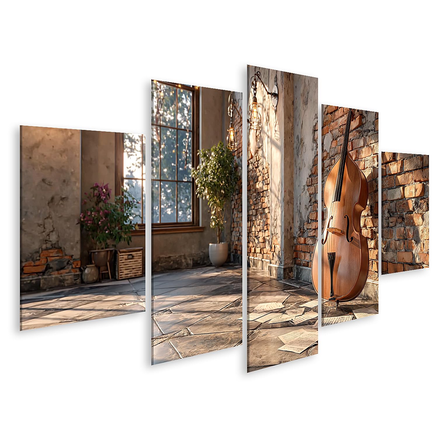 islandburner Quadro su tela a contrabbasso suggestivo da parete per soggiorno, per gli amanti della musica, 5 pezzi, edizione Y1