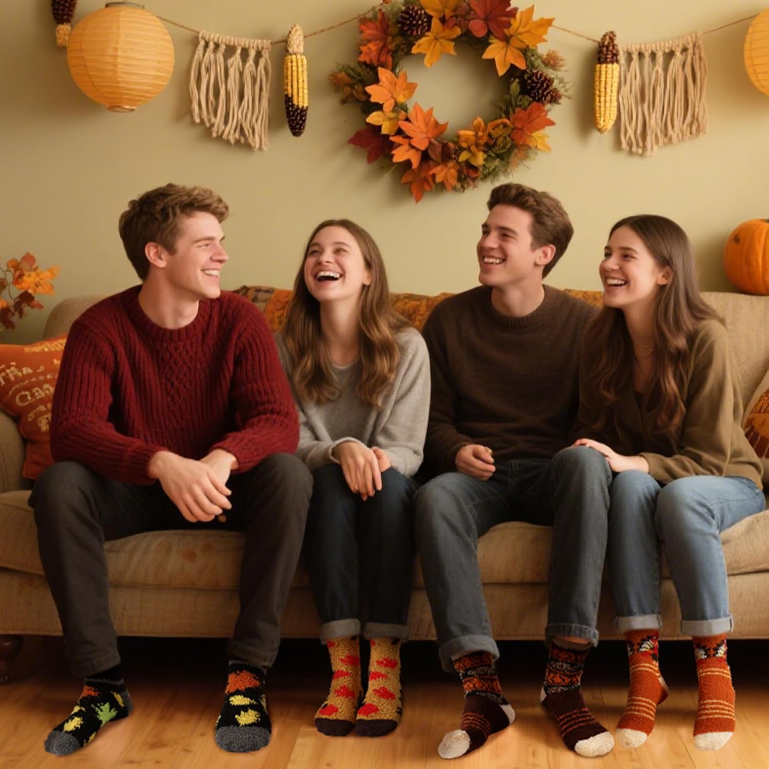 12 Pairs Thanksgiving Fuzzy Socks Fall Fluffy Socks Turkey Maple Leaves Cozy Accessories for Men Women Thanksgiving Party Favors Fall Harvest Basket Stuffers Gifts Decor - Image 7