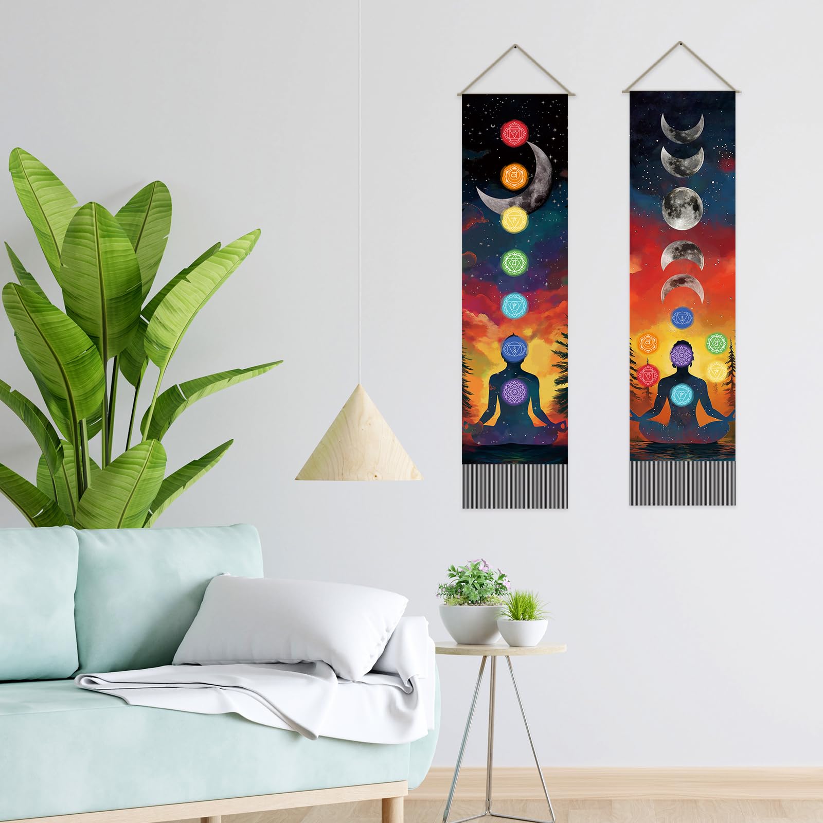 SUPERDANT Arazzo Dei Sette Chakra Meditazione Tappezzeria Da Parete Fasi Lunari Decorazione 2 Tappeti Lunghi Con Frange Per Soggiorno Camera Da Letto Yoga 130x33 cm