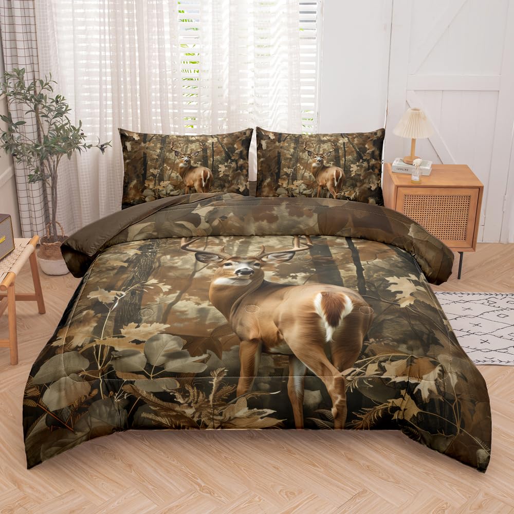 RUPSLO 5 Pieces Deer Comforter Sets,Camo Bedding Set,Boys Full Bedding,Western Comforter Sets for Boys,Full Size Bedding Set for Boy,Hunting Bed Sets with Sheets