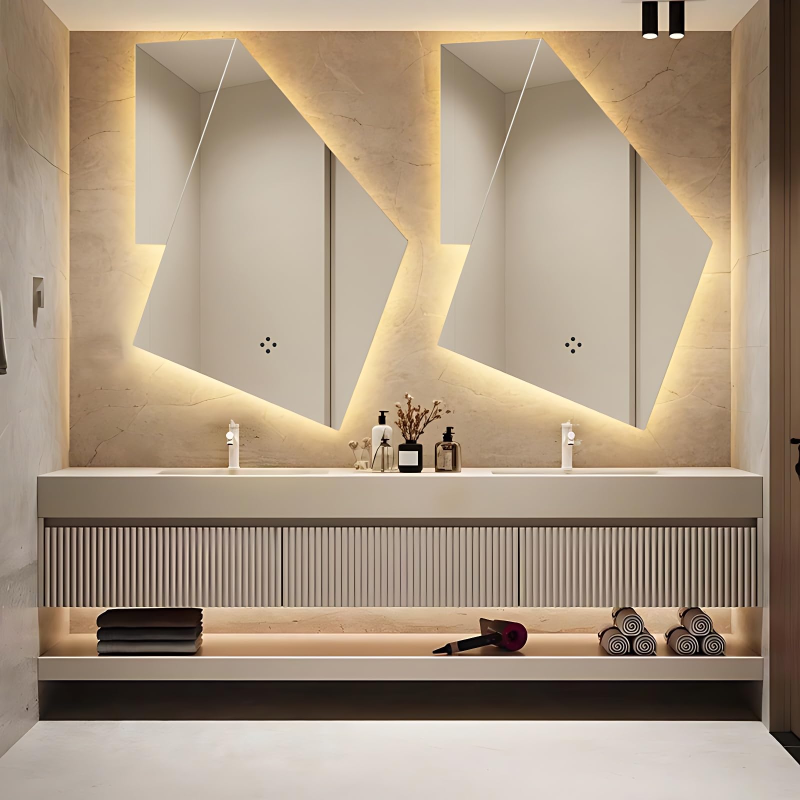 - Double Basin Floating Bathroom Vanity, LED Defogging Mirror, Striped 3 Drawers & Open Compartments, Smart Bathroom Cabinet (Style A, 72'')