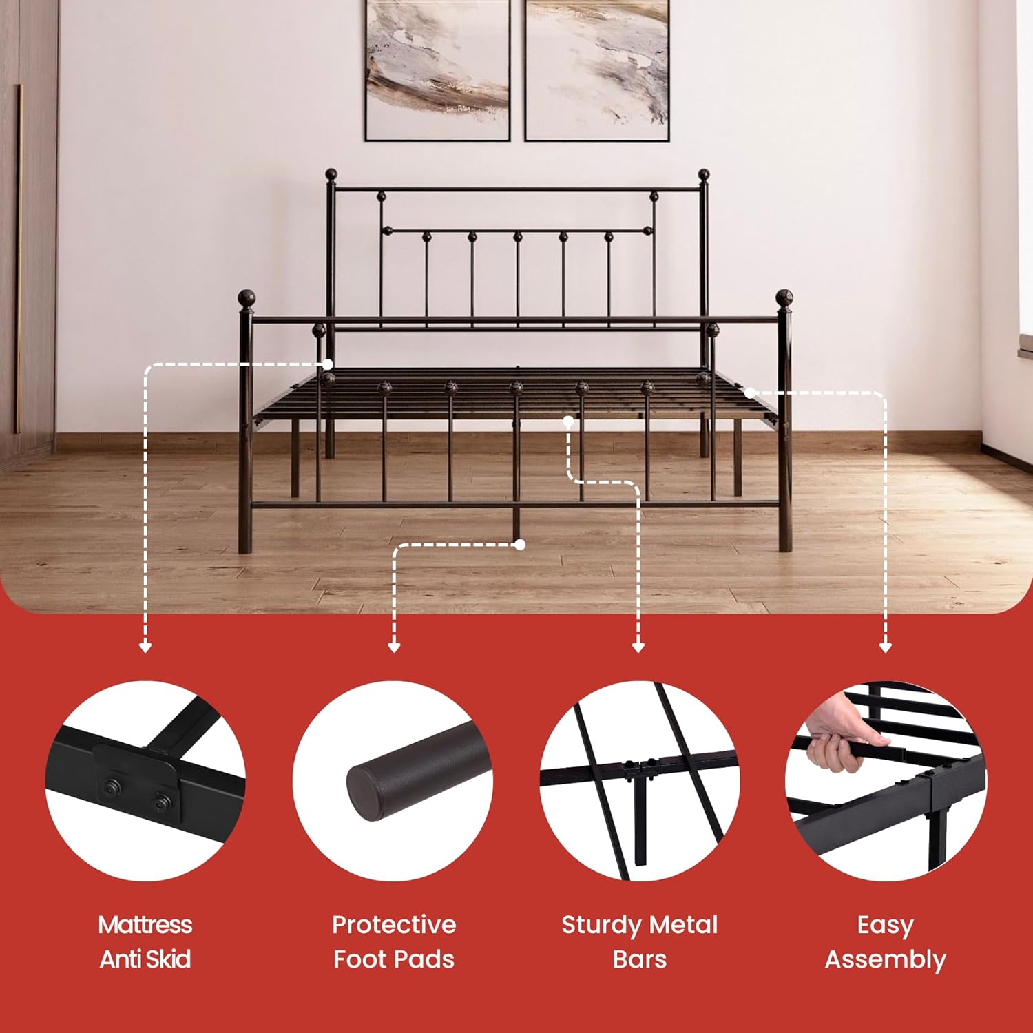 Golden Gate Beds Victorian Style Metal Platform Bed Frame with Antique Wrought Iron-Art Headboard and Footboard, Classic Cama Steel Mattress Foundation, No Box Spring Needed, Queen Size, Black Finish - Image 8