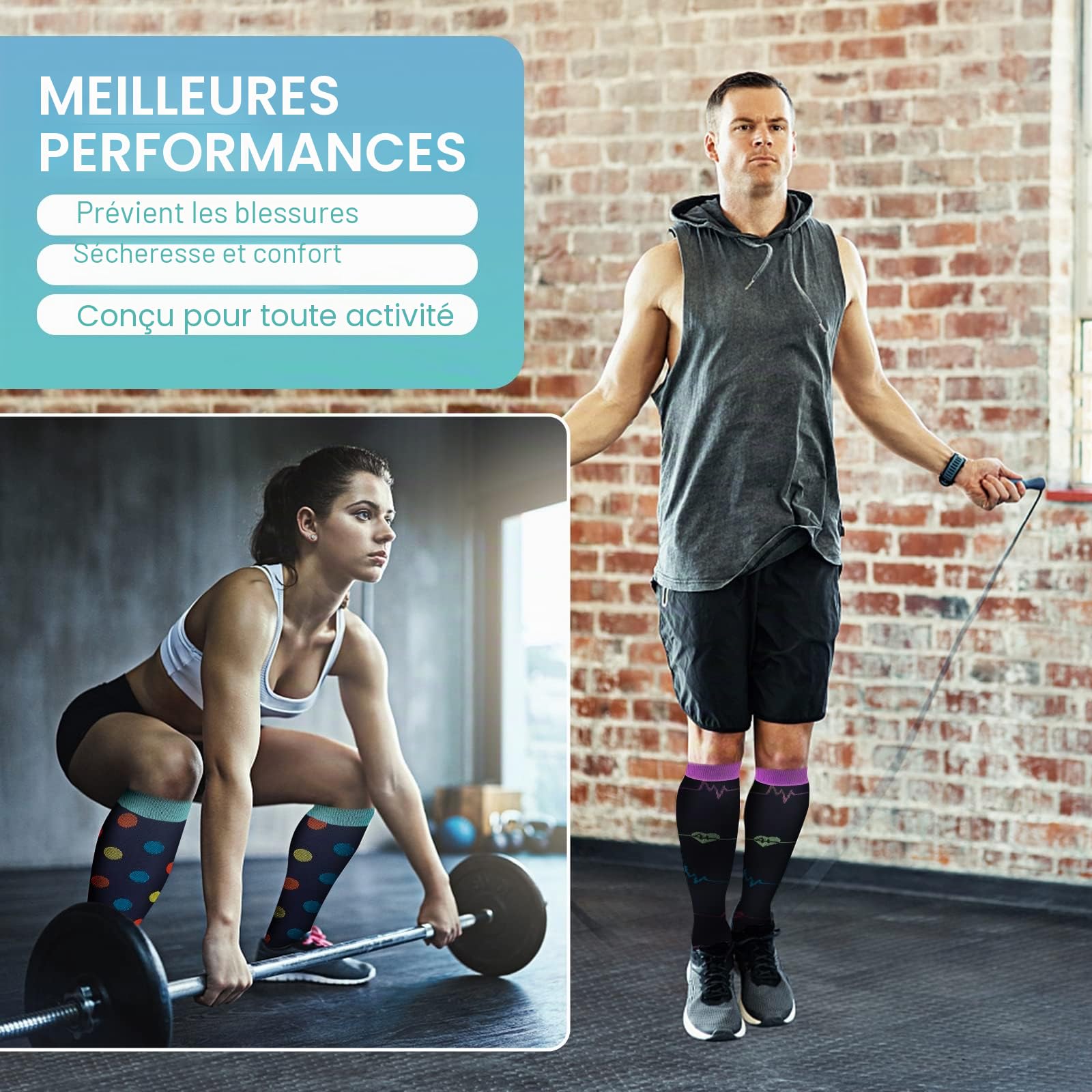 Chaussettes de Compression, (2/4/6/7 paires) pour Hommes et Femmes 15-20 mmHg, idéales pour L'athlétisme, la Course, les voyages en avion, le Soutien