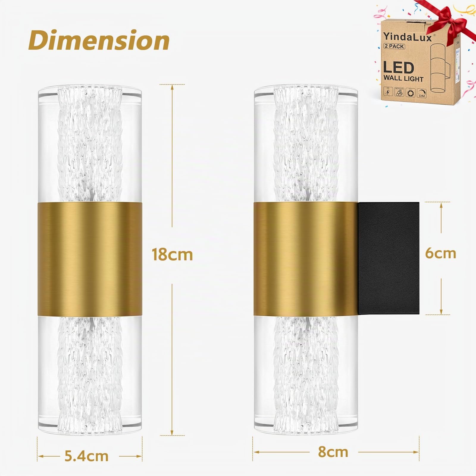 YindaLux Applique Murale Intérieur 4W 3CCT Veilleuse Gradable 2PCS Or