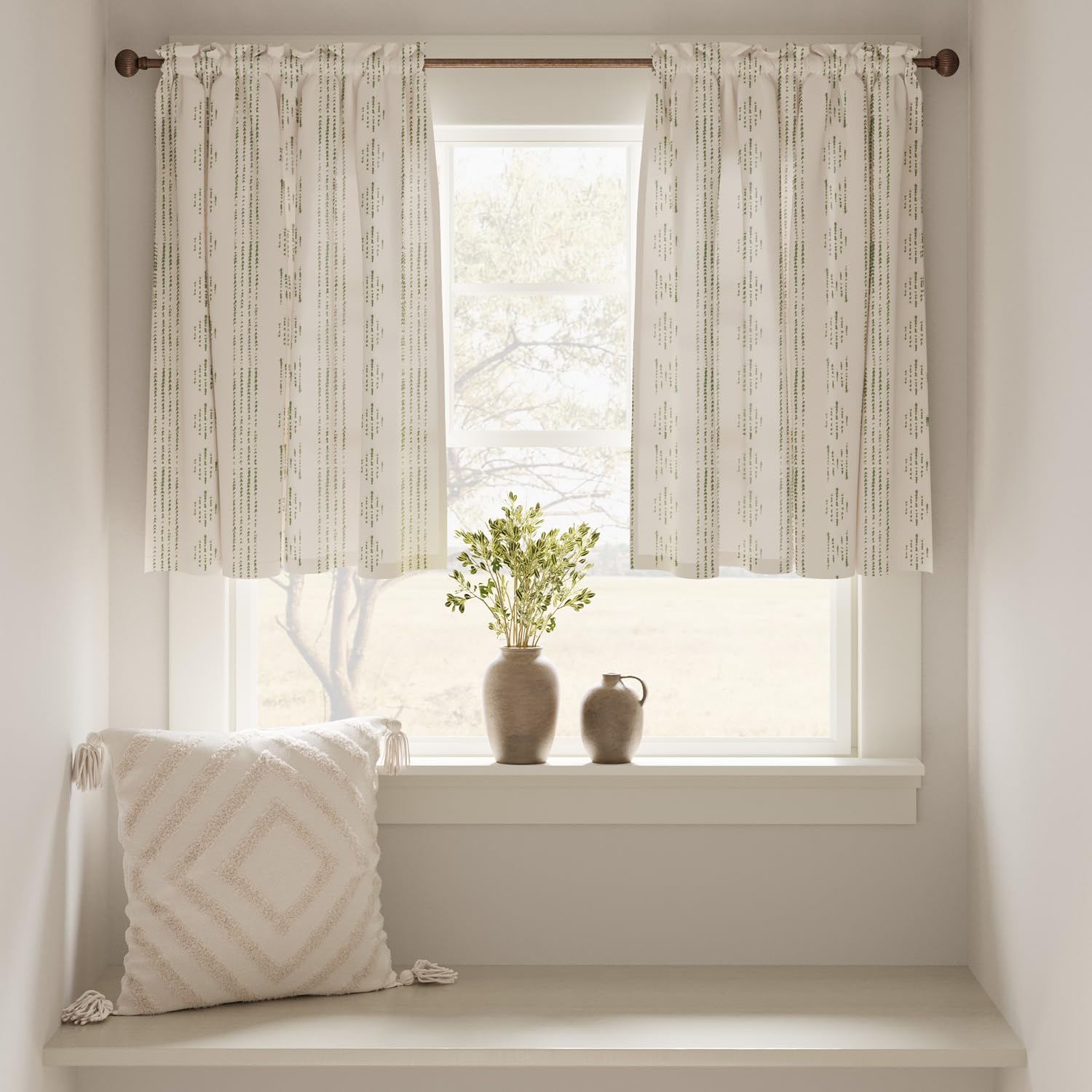 TOPICK Boho Linen Blend Kitchen Curtains 36 Inch Drop Small Cafe Curtains Light Filtering Tier Curtain for Bathroom RV Baset Sink Cupboard Rod Pocket Green on Beige 2 Panels - Image 3