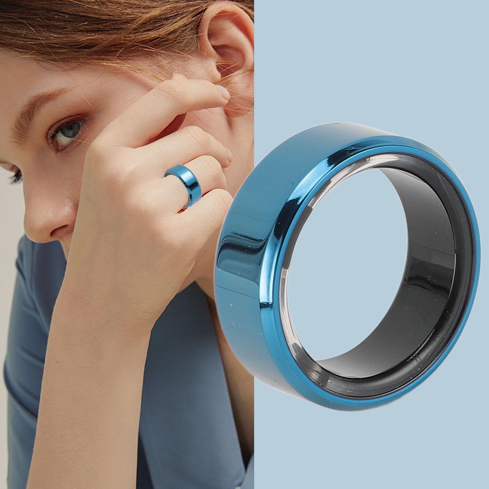 GOWENIC Blue Smart Ring, Rechargeable Pedometer with Stainless Steel, IP68 Water Resistant Smart Health Fitness Ring, for iOS, APP: for JYouPro (7)