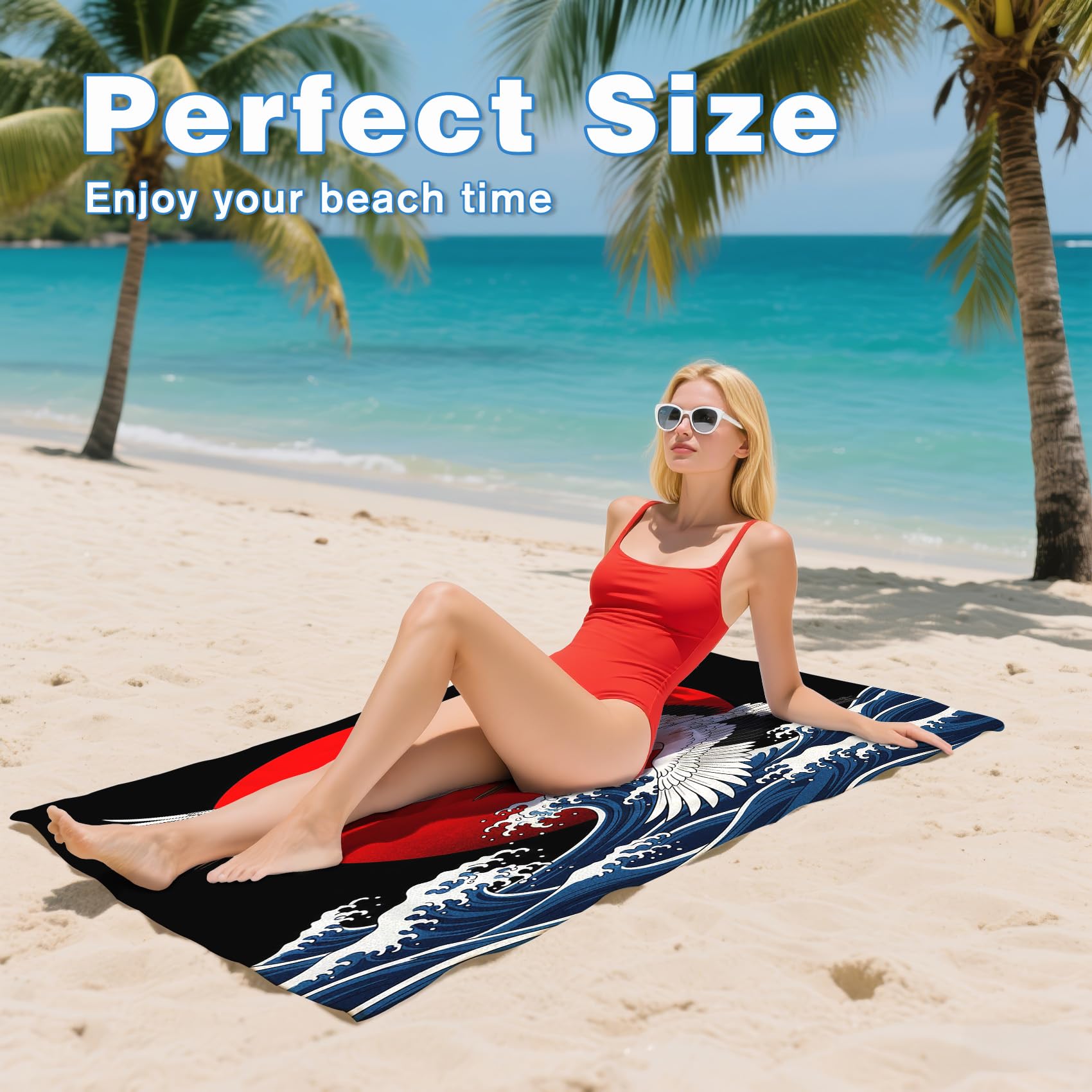Serviette de Plage XXL Microfibre Style Asiatique Vague Japonaise, Drap de Plage Séchage Rapide Anti Sable & Légère, Serviette de Bain Grande Taille 200x200 cm, Accessoire & Cadeau été