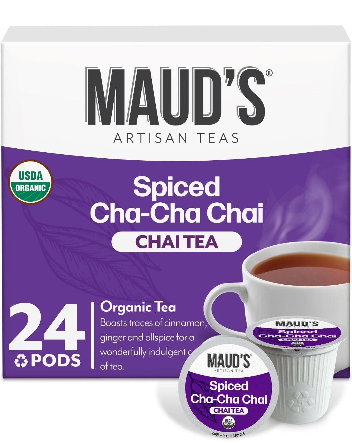 Maud's Organic Chai Tea Pods, 24 ct, Recyclable Single Serve Tea Pods – 100% Gourmet Blended Tea Leaves, Compatible with Keurig K Cups Maker