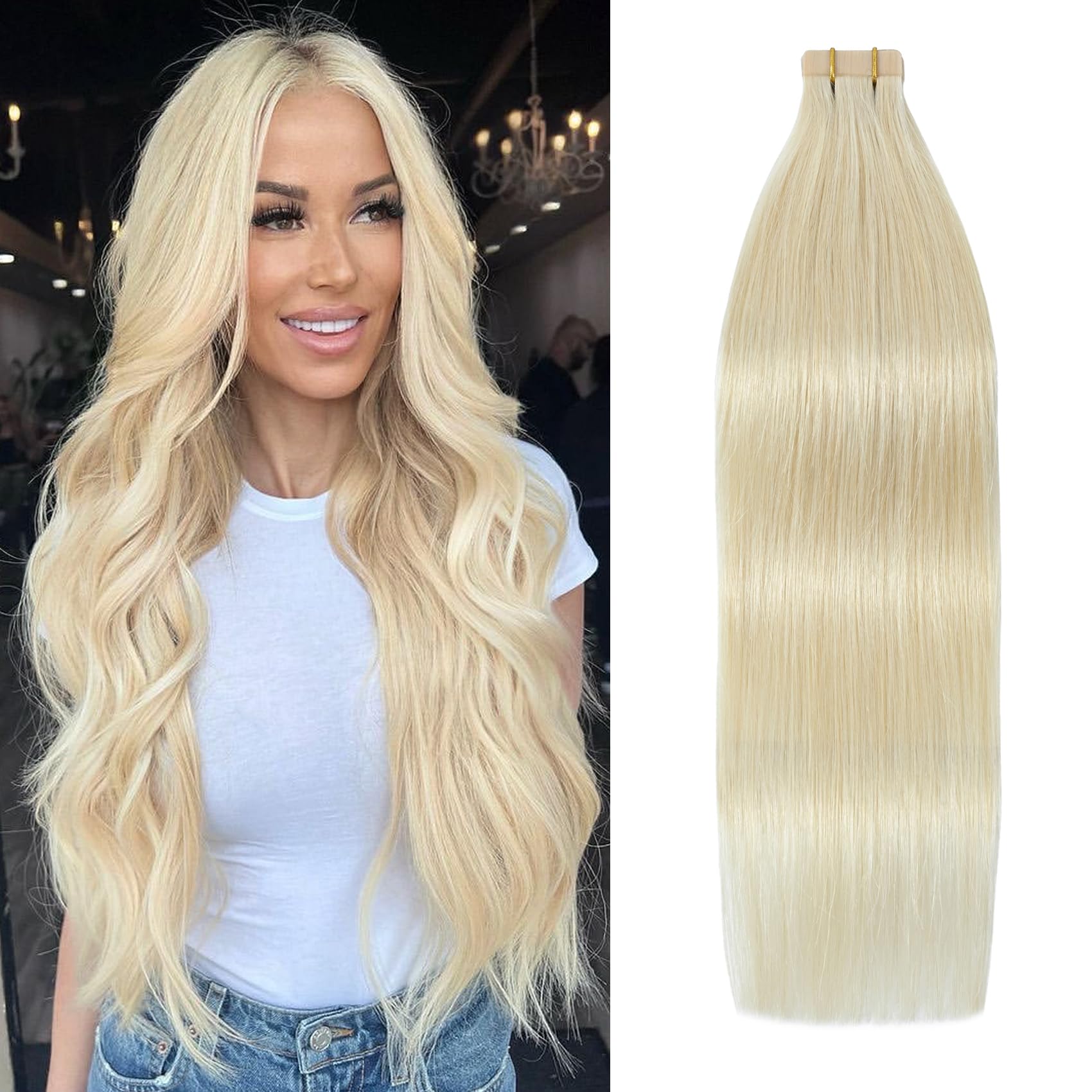 Aison Tape in Human Hair Extensions Remy Human Hair Glue in Hair Extensions Balayage Seamless Silky Straight Skin Weft 100% Natural Hair(14Inch #60 Platinum Blonde 20pcs 30g)