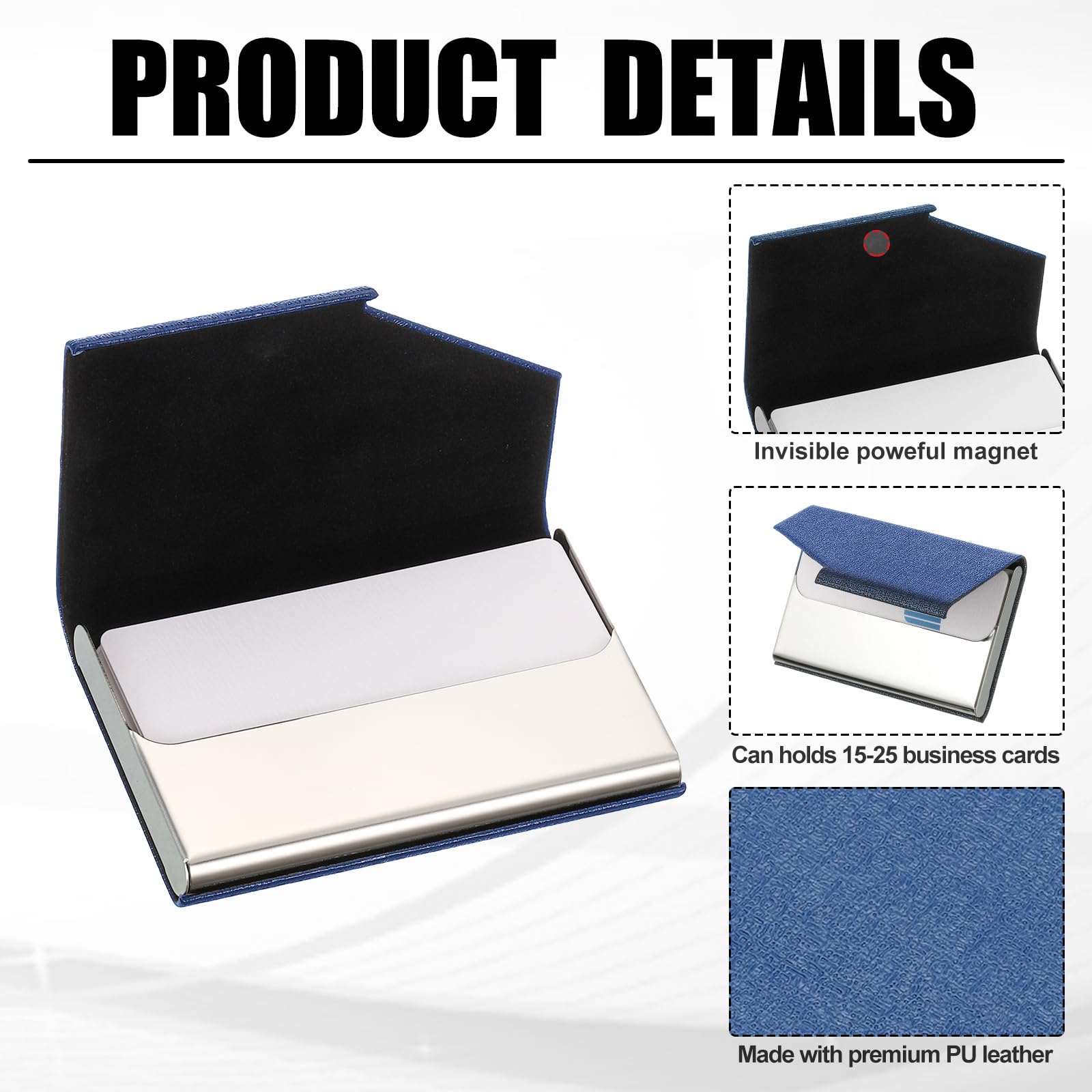 PATIKIL PU Leather Business Card Holder, 20Pcs Stainless Steel Name Card Case with Magnetic Wallet Pocket Carrier for ID Card Men Women, Black Grey Brown Copper Blue - Image 3