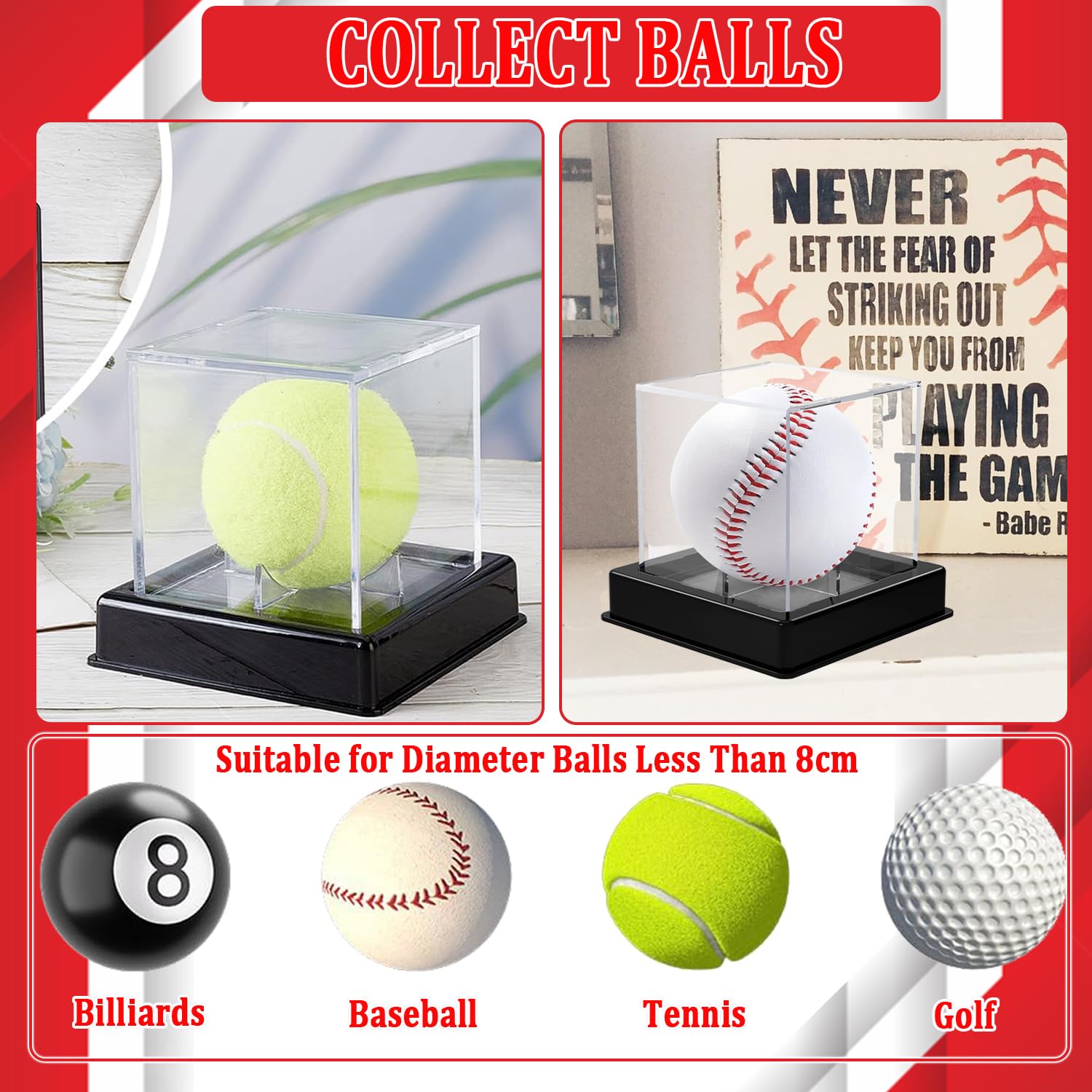 Taeku Baseball Vitrine – Acryl-Würfel 8x8x8 Cm Mit UV-Schutz, Staubdicht, Mit Standfuß – Für Baseball, Softball, Tennisball, Sammlerstücke (2er-Set)