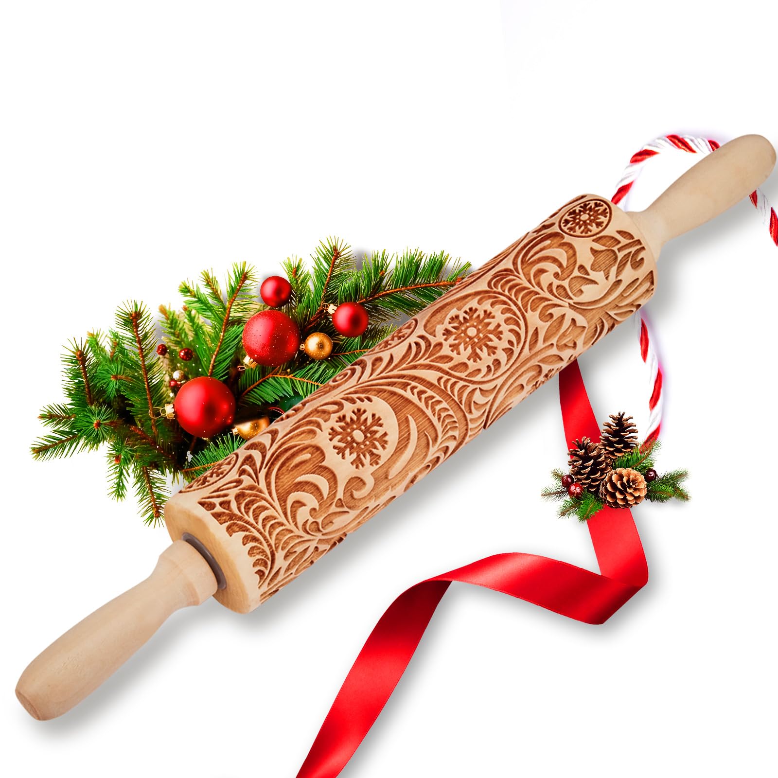 Christmas Gifts Wooden Embossed Rolling Pin for Baking, Stocking Stuffers Gifts for Women, Deep Engraved Embossing Rolling Pins with Snow Pattern Designs for Baking Cookies Stamps Roller DIY Tools