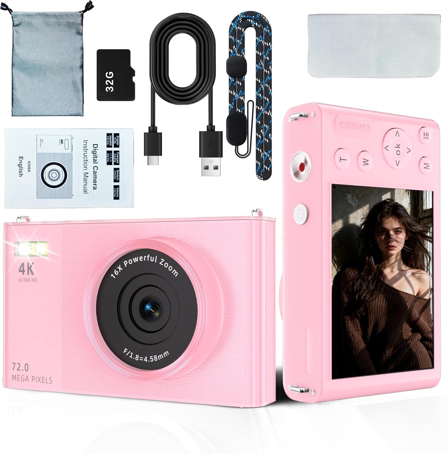 Cámara Digital 4K-72MP con Tarjeta SD de 32GB Incluida, Autofocus AF, Zoom Digital 16X, Pantalla de 2,8 pulgadas, Carga y Transferencia Tipo-C, Ligero y Compacto