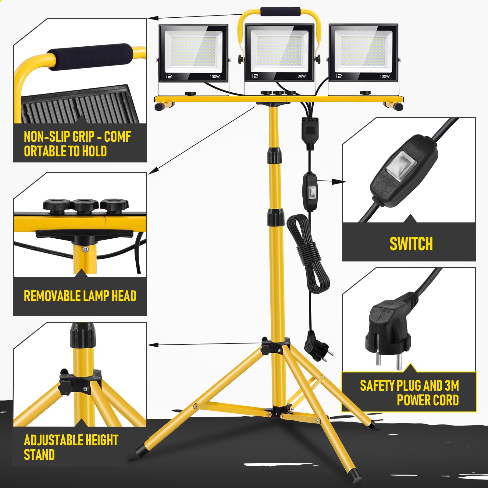Foco de Trabajo LED 300W con Trípode Telescópico, 30000LM 6500K Foco de Trabajo LED con Enchufe Cable de 3m, Rotación de 360°, IP66 Impermeable Luz de Trabajo para Taller, Obras, Garaje