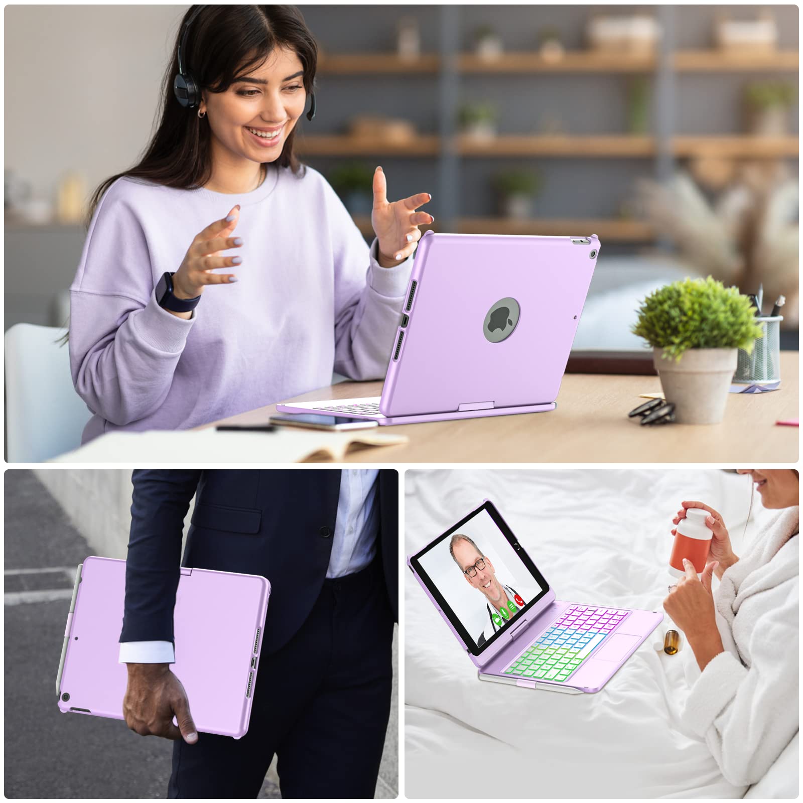 aMZCaSE Funda con Teclado para iPad 10.2 para iPad de 9.ª Gen 2021-360° Funda con Teclado inalámbrico Bluetooth con 7 retroiluminación Auto Sleep/Wake para iPad 9/8/7.ª Gen,Púrpura | 360° Funda con Teclado inalámbrico Bluetooth con 7 retroiluminación Auto