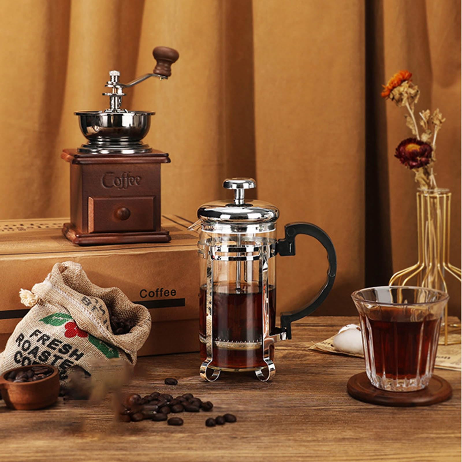 Juego de molinillos manuales compactos y prensas de acero inoxidable, perfectos para acampar y usar, molinillos de café ajustables de alta calidad con prensas francesas para una suavidad suave