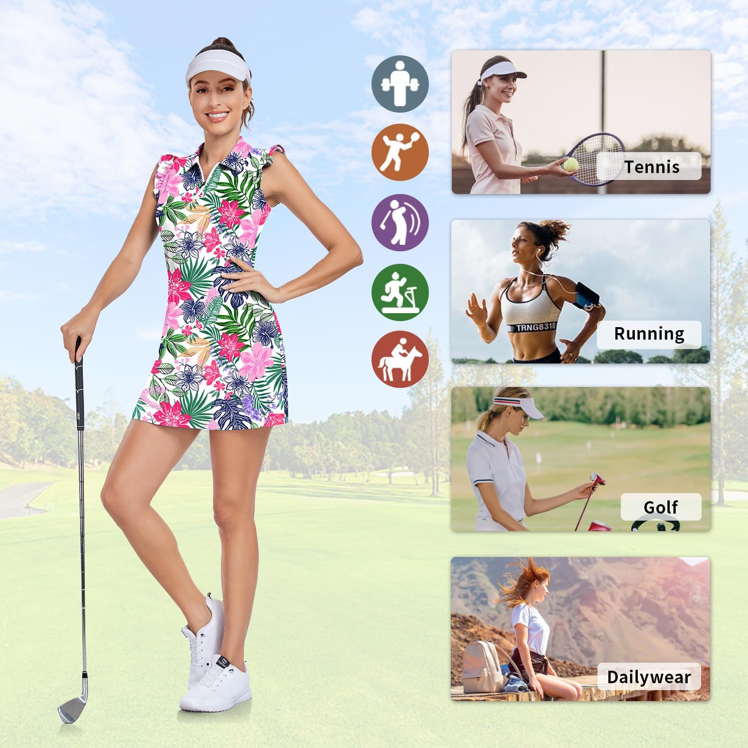 Soneven Womens Tennis Dress Sleeveless Golf Dresses with Shorts and Pockets Ruffle Sleeve Workout Athletic Dresses