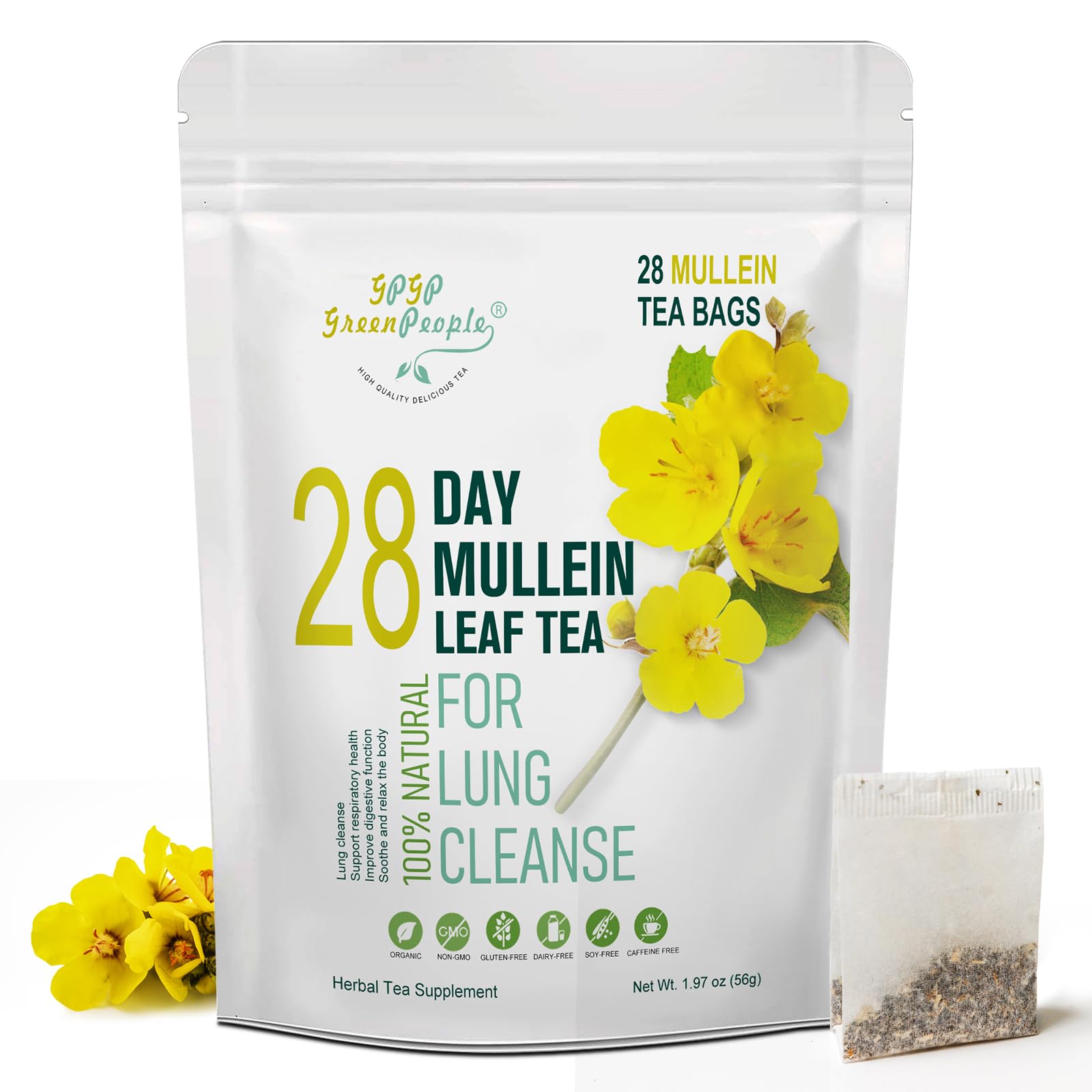 GPGP GreenPeople Mullein Leaf Tea for Lungs Cleanse and Immune Support, 100% Natural, Caffeine Free, 28 Tea Bags