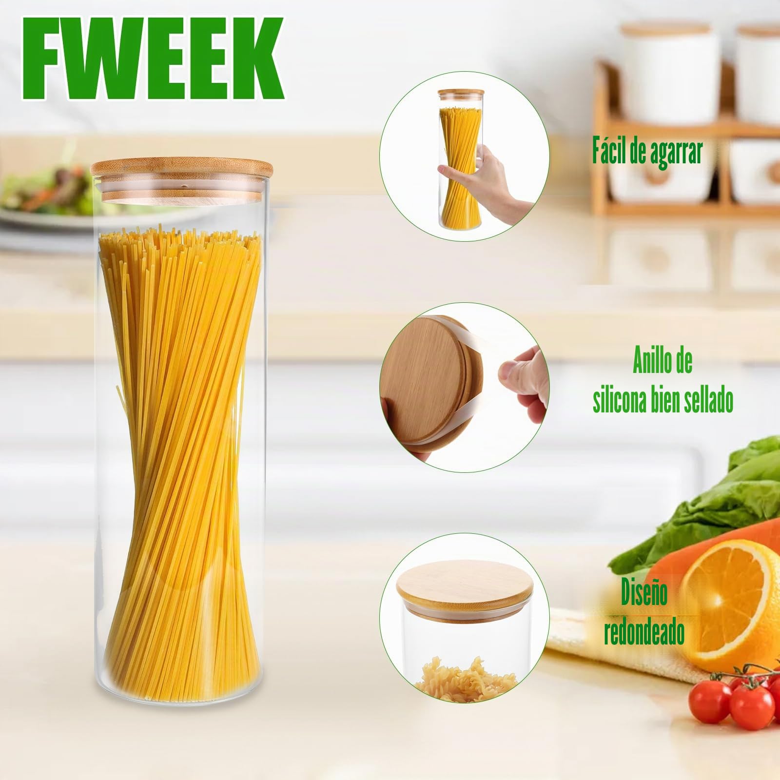 Tarros de cristal hermético 2L con tapa de bambú, 5 tarros de conservación de alimentos transparentes para harina, cereales, nueces (impermeables, fáciles de limpiar)