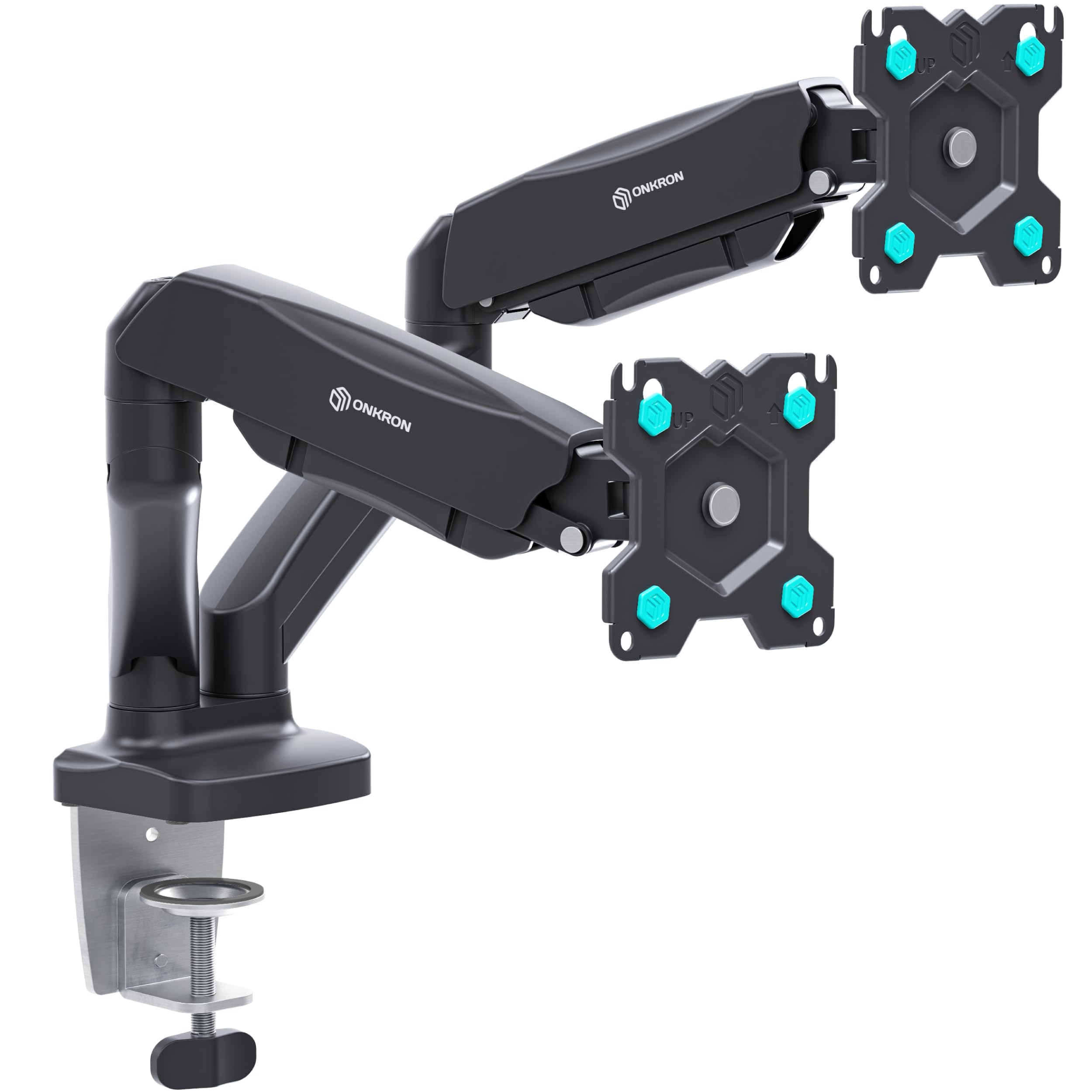 ONKRON Soporte Monitor Doble Brazo para Pantallas 13-32¨Soporte 2 Monitores con VESA 75/100mm, Muelle de Gas de hasta 2 x 8kg, Inclinación Giratorio Rotación con Ajuste de Altura, Negro G160