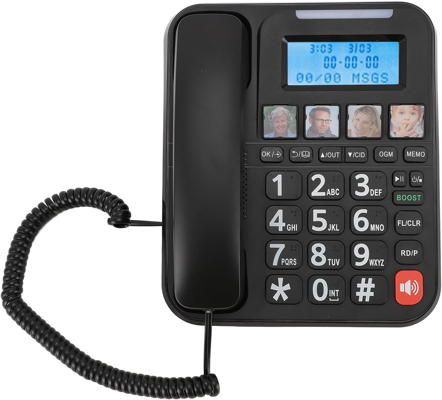 Close-up of the Yoidesu corded base unit, highlighting the photo dialing buttons and large keypad.