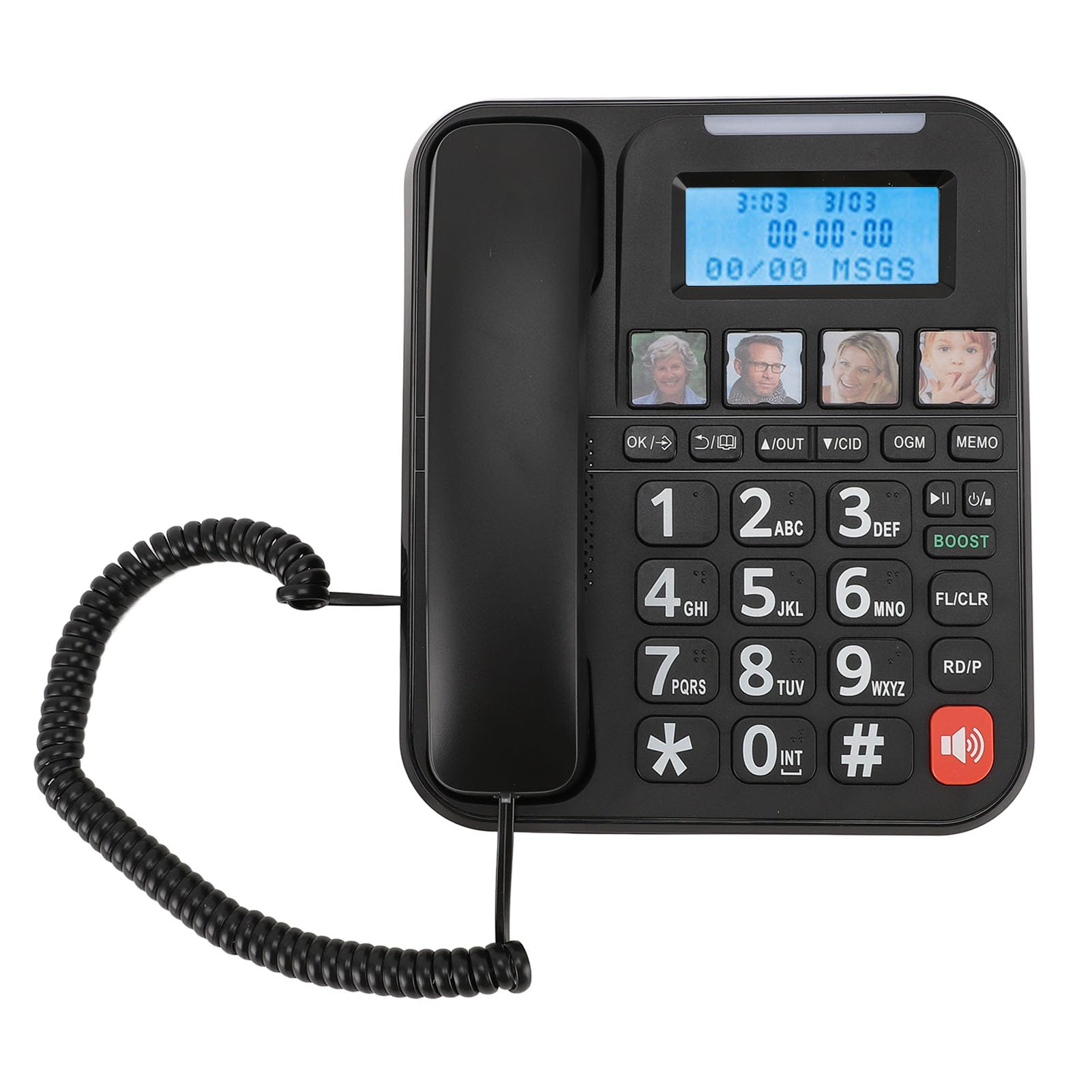Schnurgebundenes, Schnurloses Seniorentelefon, Anrufbeantworter, Anrufsperre, Fotowahl, Lauter Klingelton, Freisprechanruf, 3-Wege-Anruf, Sprachführung, Großer Bildschirm,