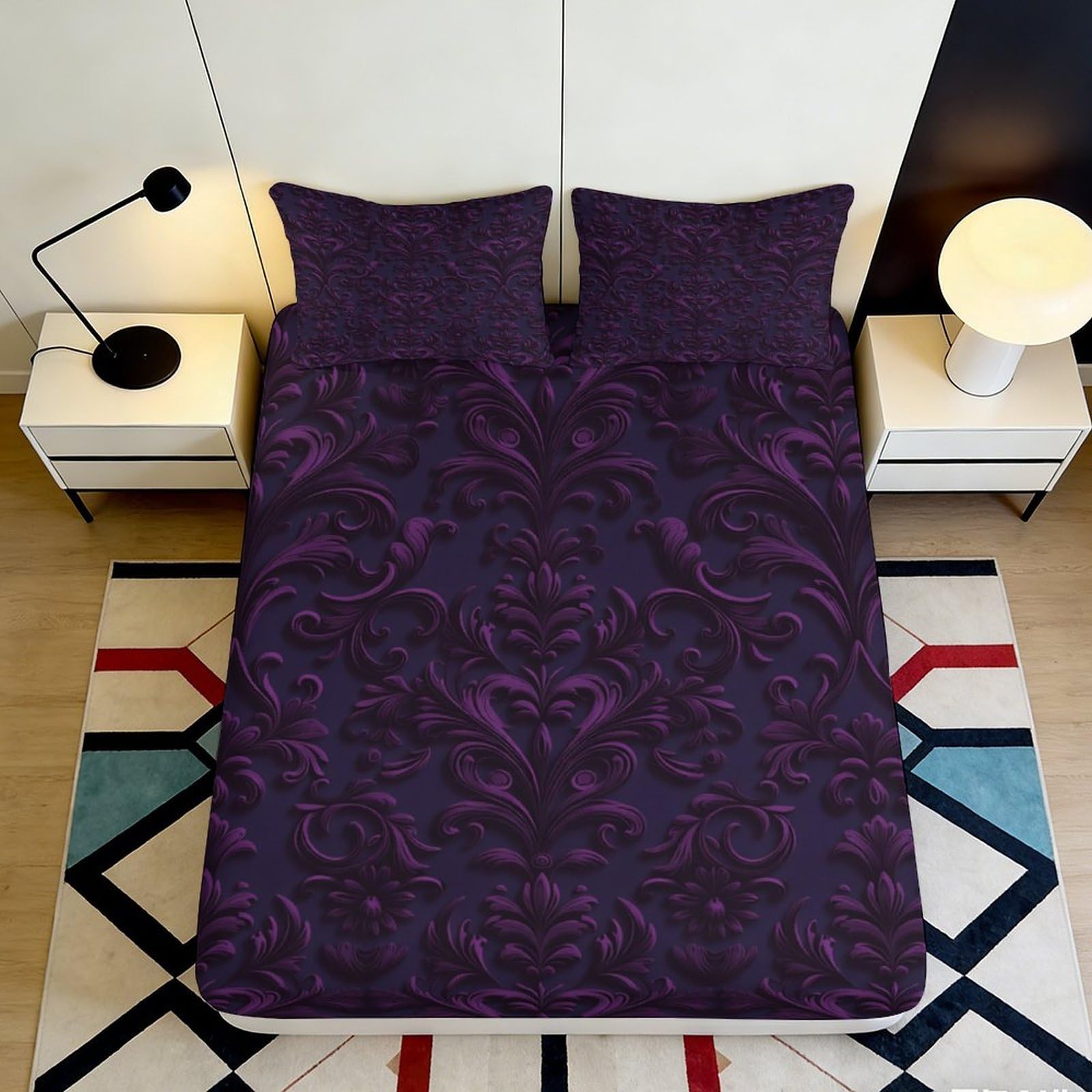 3D Printed Purple Marble Fitted Sheet Microfiber Soft Artistic Abstract Mattress Cover for Bedroom Decor Protection 90x200x25cm