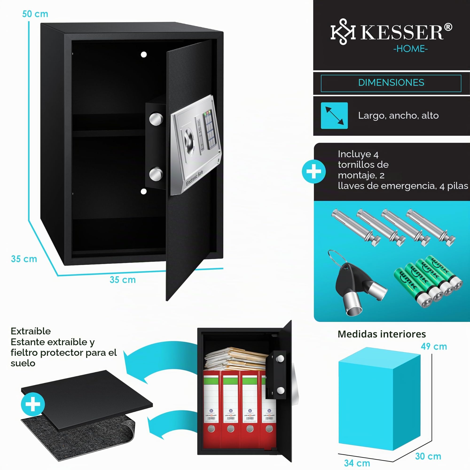 KESSER® Caja fuerte eléctrica - XXL, Grosor de la puerta 4 mm, Doble cerradura de pestillo, incl. Material de Montaje, Iluminación interior, Caja fuerte blindada, 50x35x34,5 / Negro