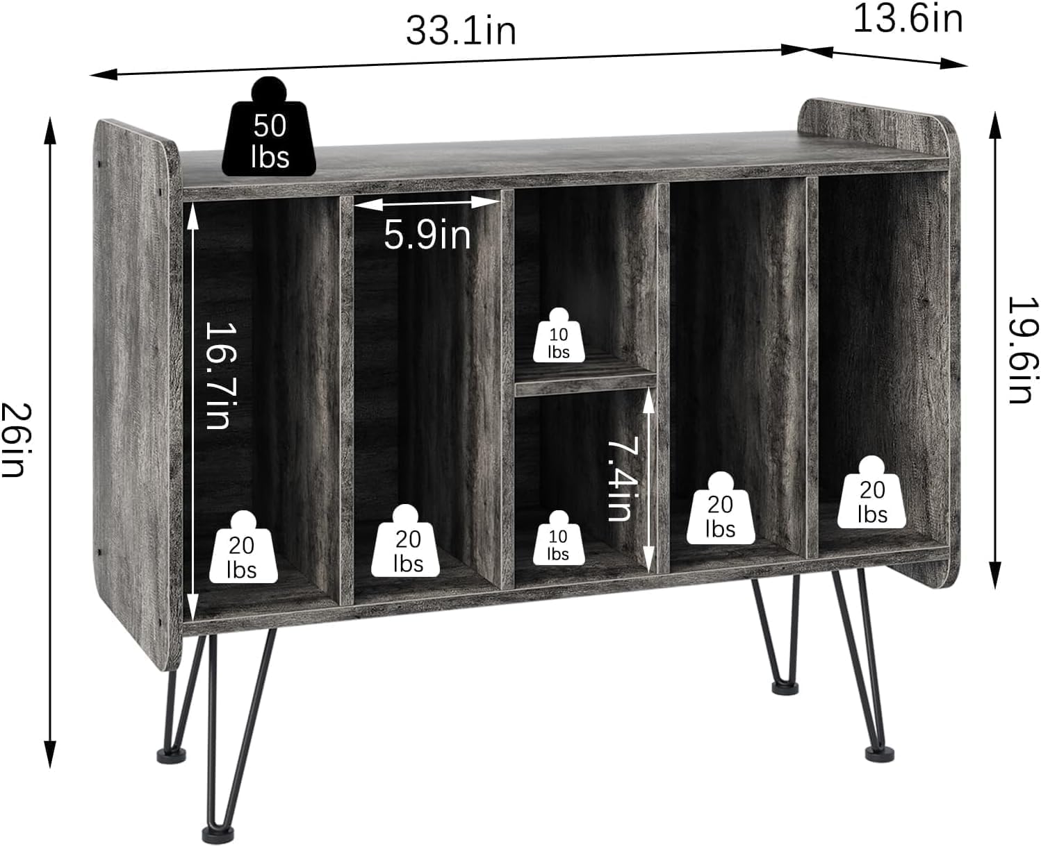 Supporto per giradischi in vinile, 2 ripiani, 5 cubi, può contenere fino a 250 album, mobiletto porta dischi in vinile per soggiorno, tavolino retrò e mobile porta LP (grigio)