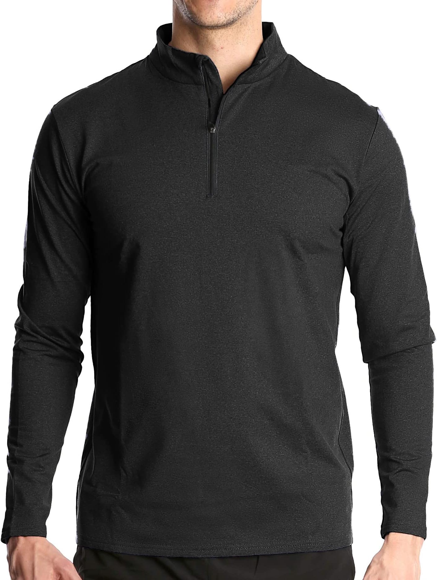 MakingDaMen's 1/4 Zip Sports Long Sleeve T Shirt Casual Gym Running Quick-Dry Polo Shirts Outdoor Warm Hiking Fishing Tops, Black, M