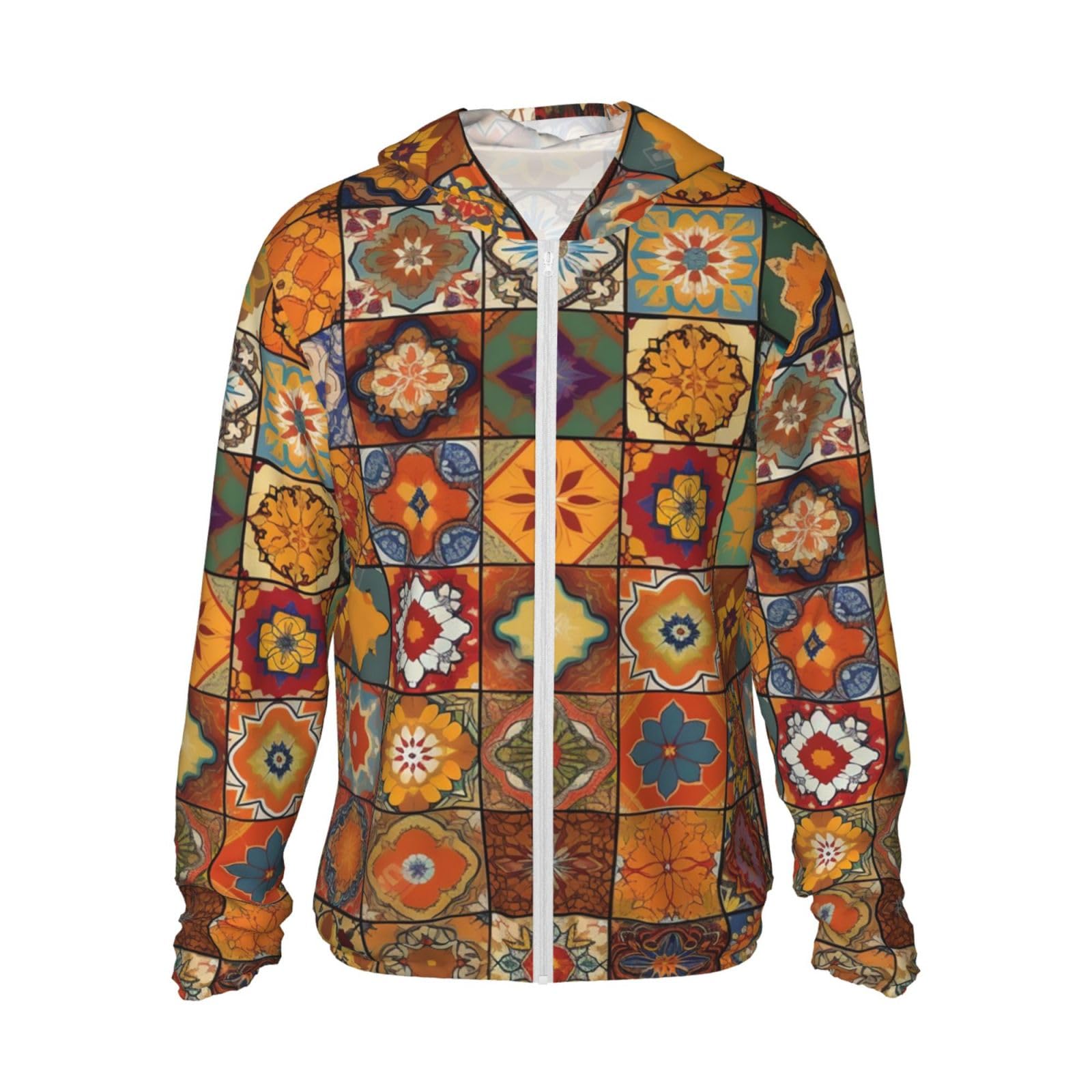 UPF 50+ Light Jacket Full Zip Sun Protection Hoodie for Women Men Long Sleeve Group of Moroccan Geometric Sun Shirts Black