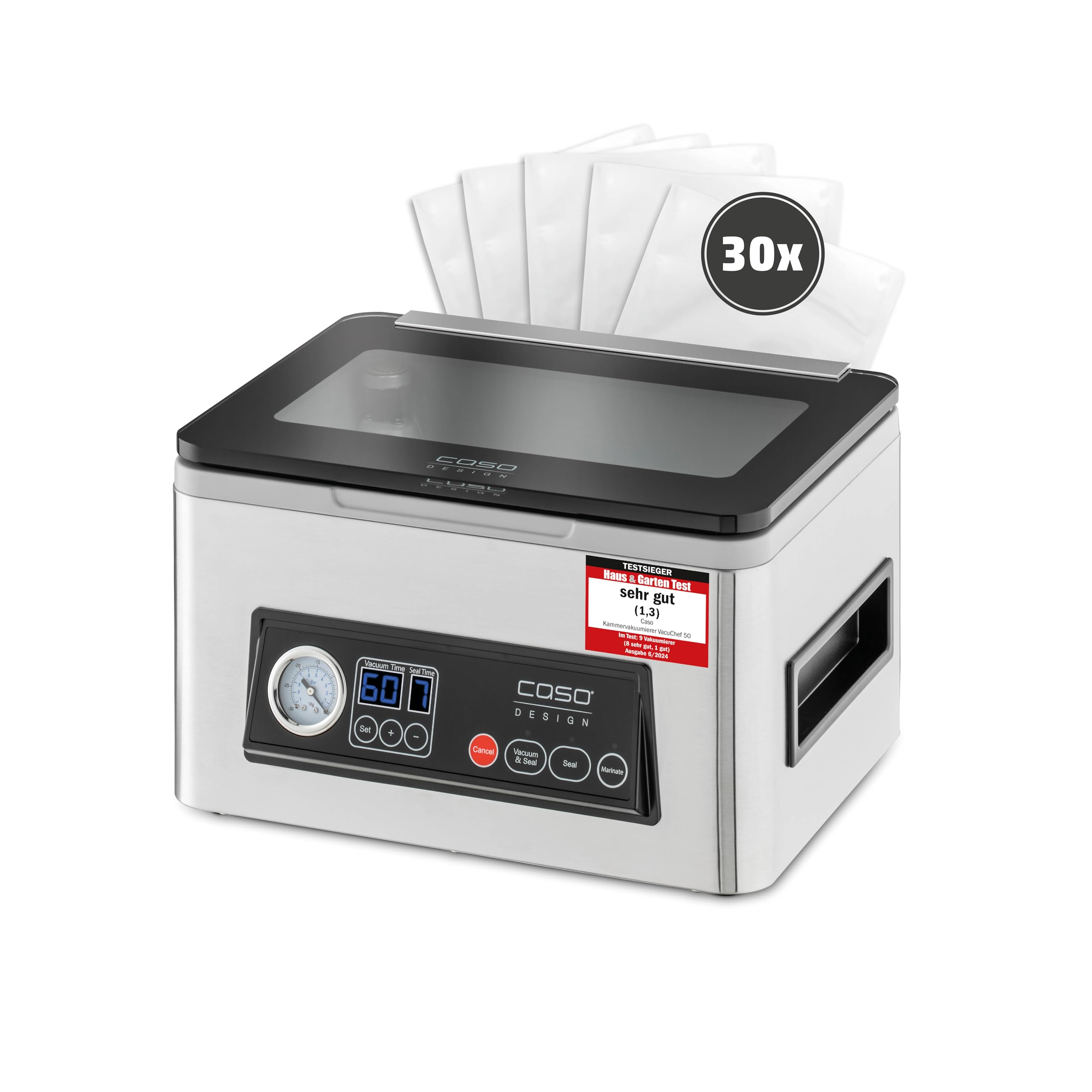 CASO VacuChef 50 Vakuumierer 70 l/min 4 l Kammervolumen doppelte Schweißnaht inkl. 30 Siegelrandbeutel