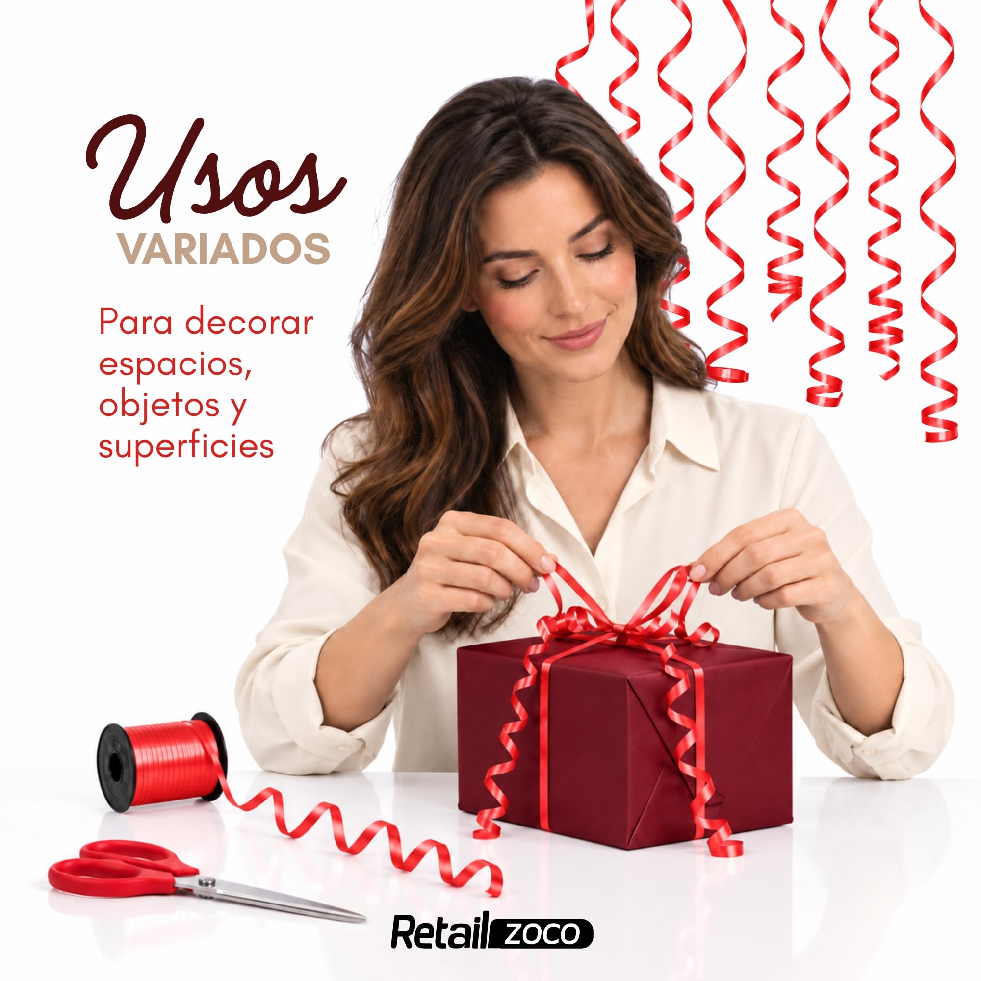 Cinta de regalo, cinta embalar para rizar, 5 mm ancho, 500 metros, Rojo - imagen 4