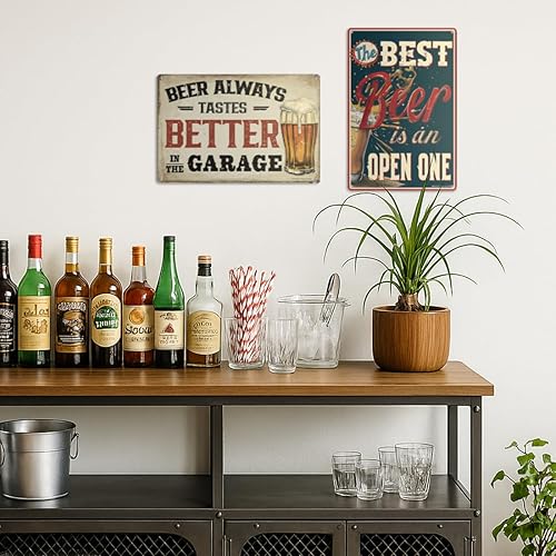 Miniatura 2 de Letrero divertido de bar o cueva de hombre con texto en inglés "The Best Beer is an Open One"  Letreros de cerveza de metal vintage duraderos de 12