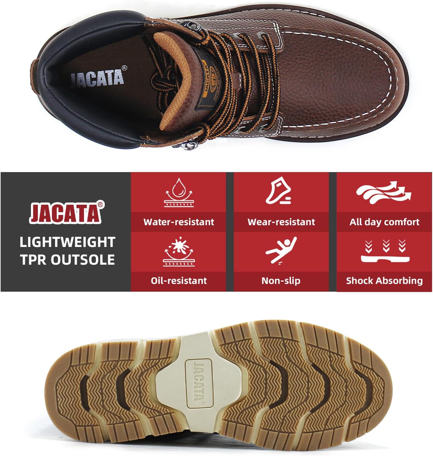 Jacata Mens Work Boots Moc Toe Wedge Botas De Trabajo Para Hombre Soft Toe Non Slip Industrial Construction Leather Boots/Shoes For Men Women