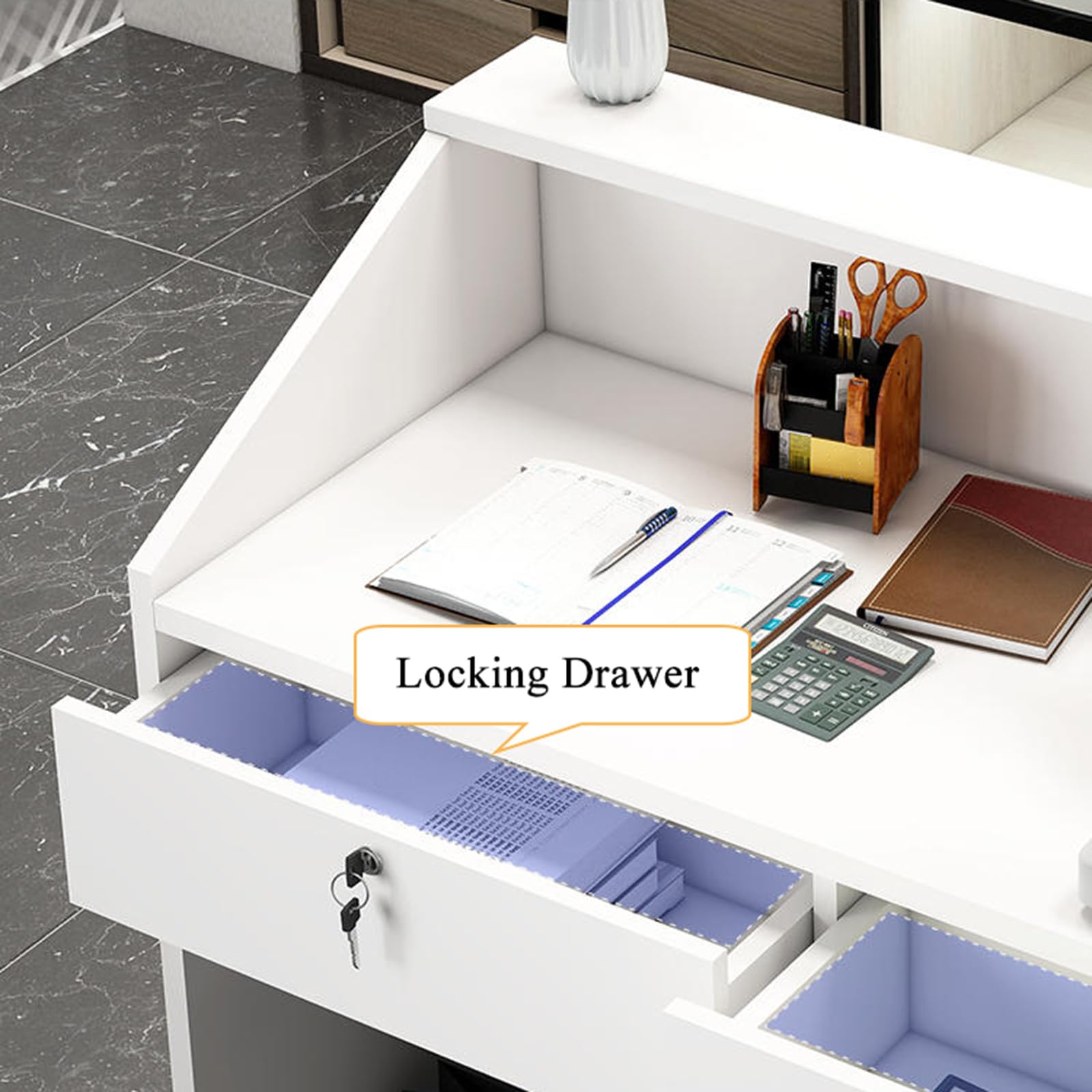 COSTWAY Bureau De Réception Avec Tiroir Verrouillable, Étagère Réglable