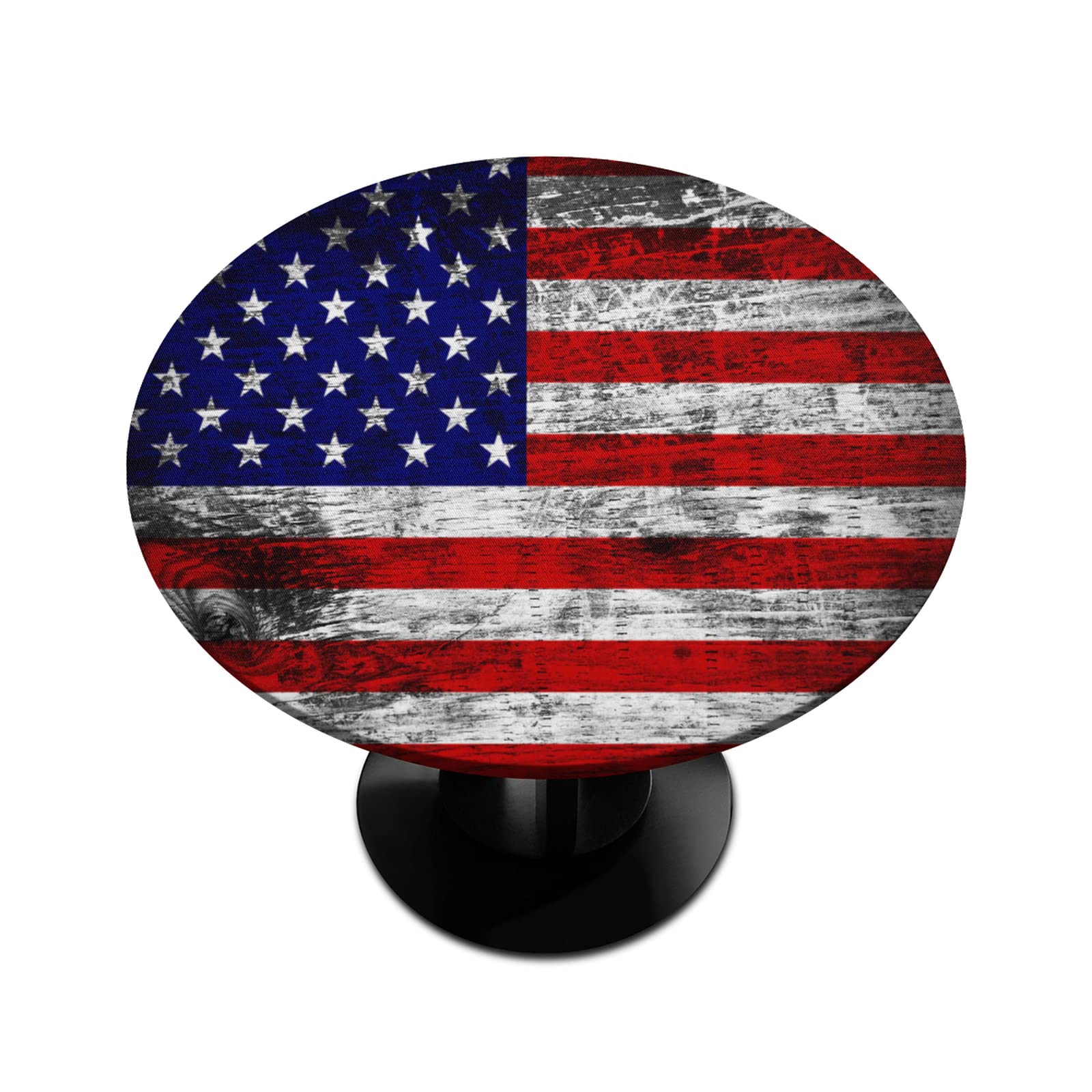 American Flag Wooden Patriotic Round Tablecloth with Elastic Edge,Grunge USA Flag 4Th of July Fitted Table Cloth Round Table Cover for Dining Kitchen Party Indoor Outdoor Patio Table 45