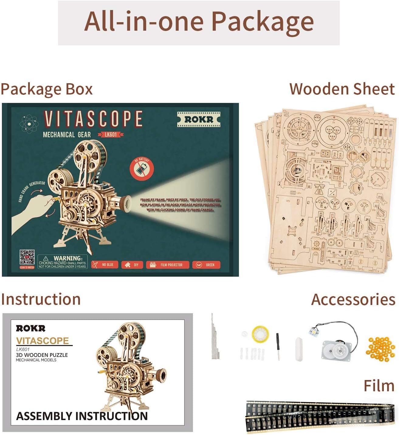 ROKR 3D Wooden Puzzles for Adults- 183pcs Mechanical Model Building Kit Wooden Craft Movie Projector Gift for Adults &Teens 14+ (Vitascope)